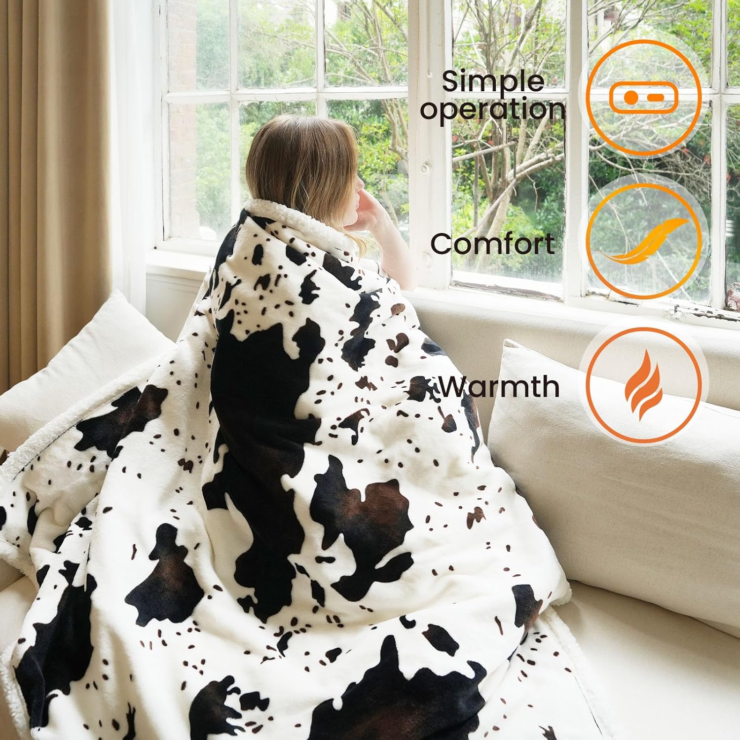 Cow Print Heated Blanket Twin-Heating Electric Blanket Twin with 10 Heat Levels & 10 Hours Auto-Off, Cozy Soft Fleece Sherpa, Washable, 62 x 84 Inches Cow Print White