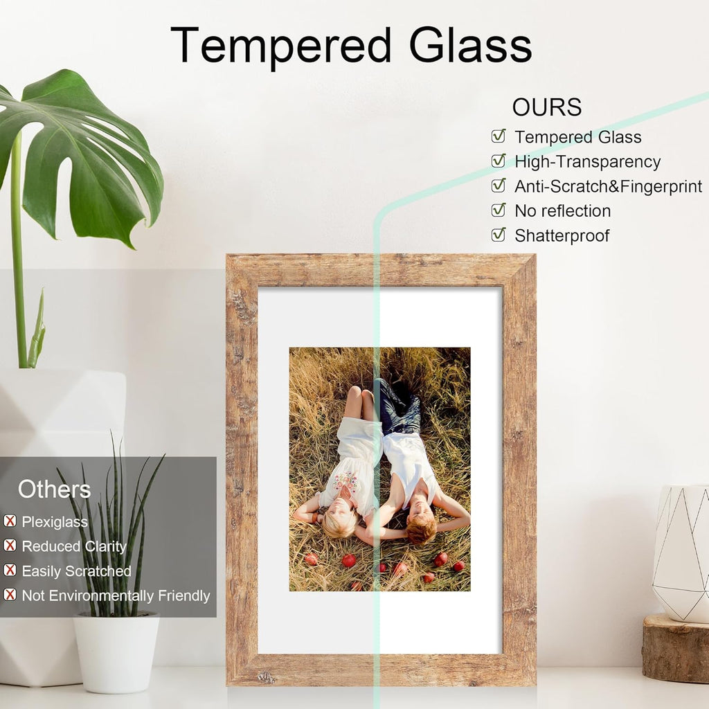 iRahmen 8x12 Picture Frame with HD Tempered Glass, Display Pictures 6x9 with Mat or 8 x 12 Without Mat, Wood Photo Frame for Tabletop and Wall (Rustic Brown, 1 Pack)