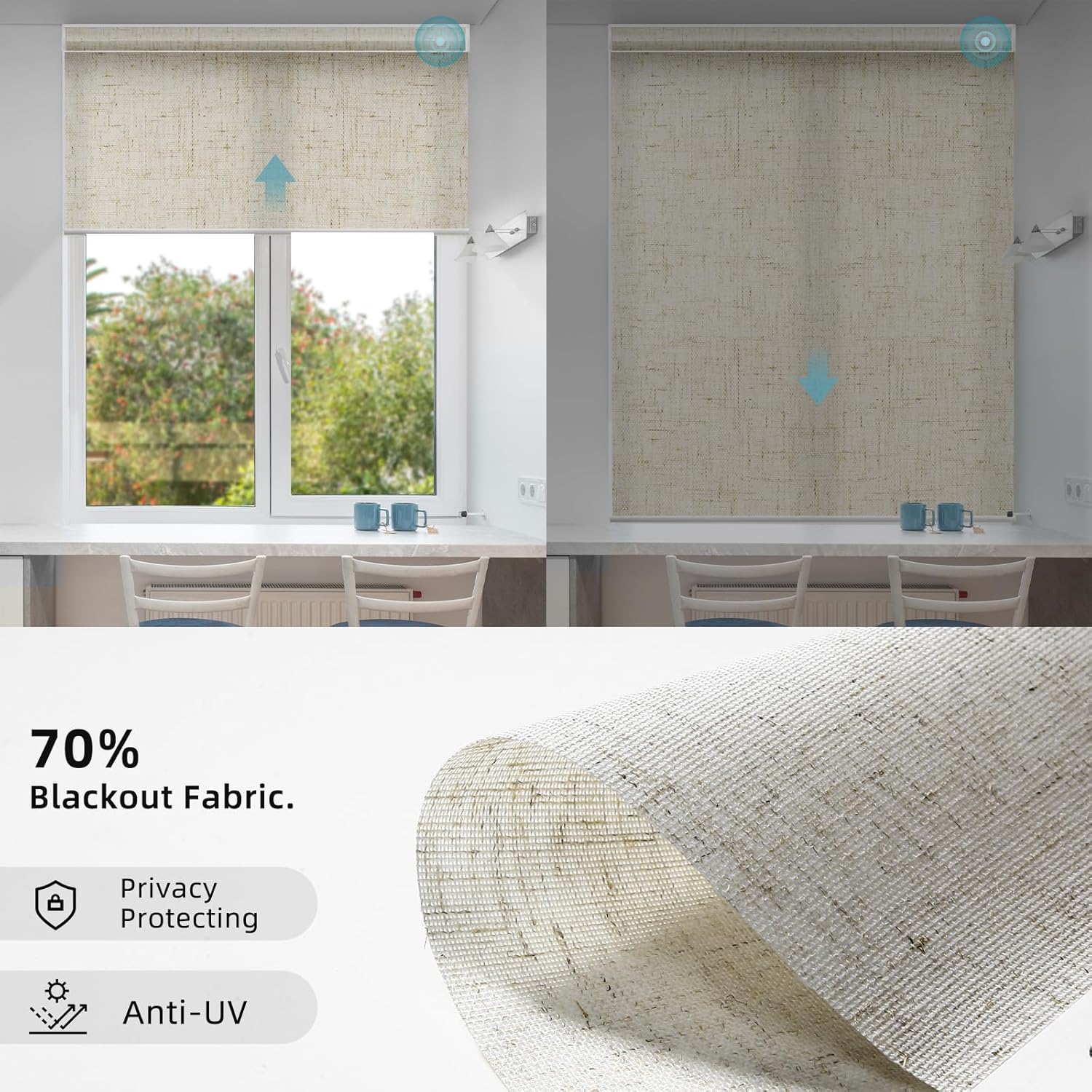 SmartWings Motorized Smart Blinds for Windows in Light Filtering, Electric Remote Roller Shades Compatible with Alexa/Google Home/Homekit, Custom Up to 110”W x 148”H, Linen Translucent Sand