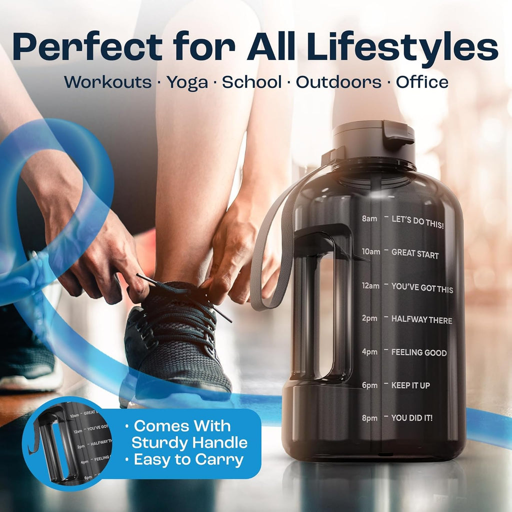 AQUAFIT 128 oz Water Bottle with Time Marker - Straw & Chug Lid - BPA Free 1 Gallon Gym Water Bottle with Handle - Big Gallon Jug (Blue, 128 Ounces)