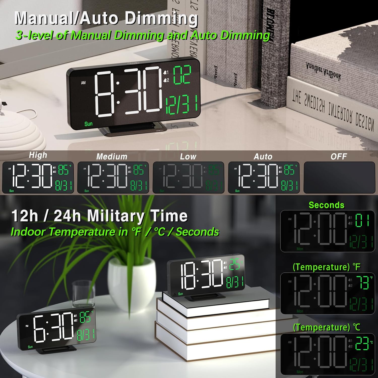 KOSUMOSU Digital Clock for Bedroom, 6.7in Black Alarm Clocks for Bedrooms,Auto Dimming, Date, Day of Week, Indoor Temperature,Digital Alarm Clock,Clocks for Living Room