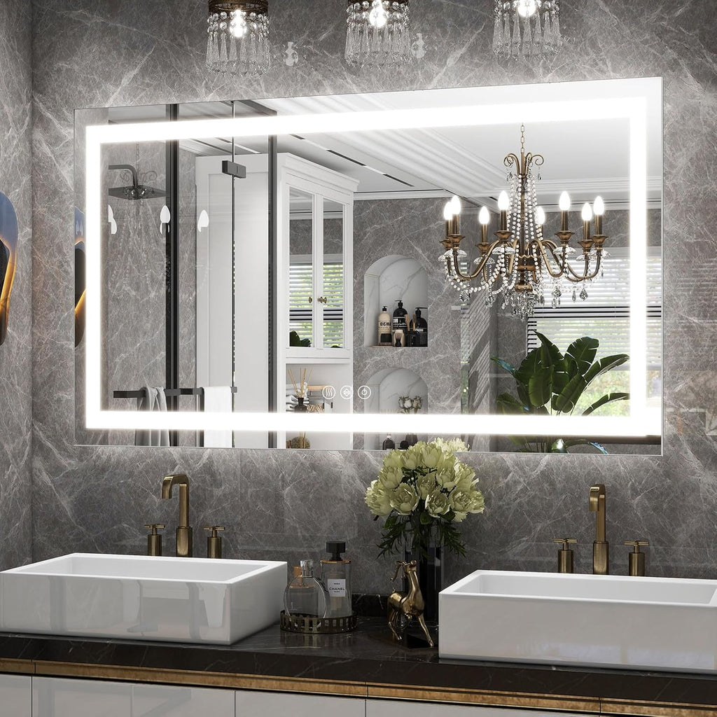 LED Bathroom Mirror, 32x48 Inch White Framed Gradient Front and Backlit Vanity Mirror, Anti-Fog, Dimmable, Wall Mounted Horizontal/Vertical Lighted Mirror, LED Vanity