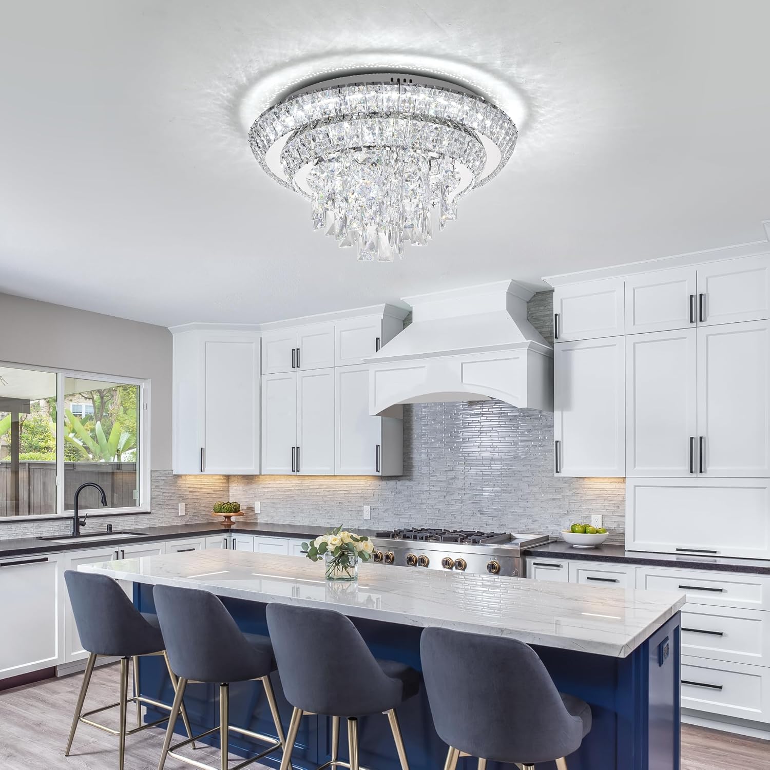 COCOSTAR 18 inch Flush Mount Crystal Chandeliers with Remote and APP, Modern Elegant LED Crystal Raindrop Ceiling Light Fixture, 3CCT Dimmable, for Living Room Kitchen Island Bedroom Entryway Foyer