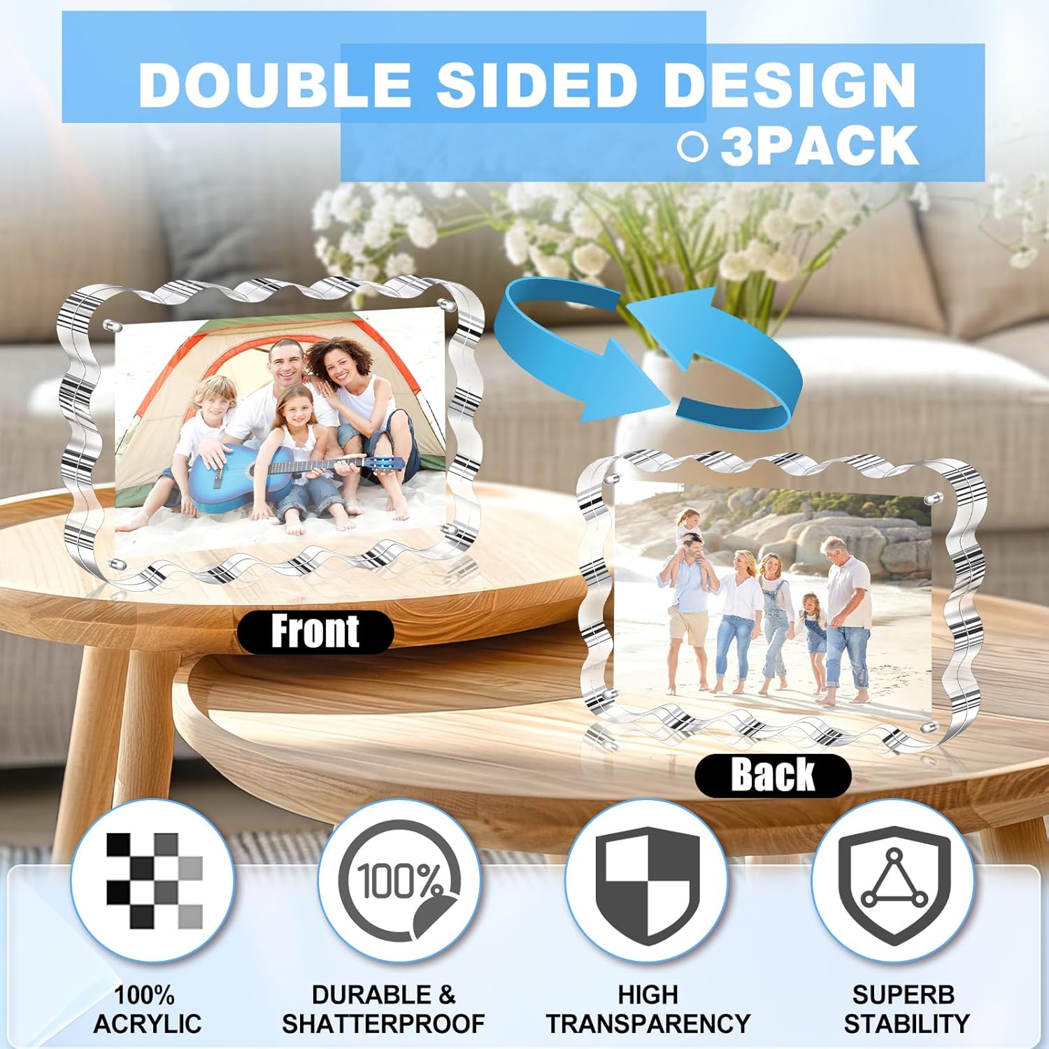 Aheroi Acrylic Picture Frames, 3 Pack 4x6 Clear Scalloped Photo Frame Freestanding Magnetic Double Sided Picture Frames, Transparent Thickened Frameless Acrylic Sign Holder, No Instal, Gifts Choice