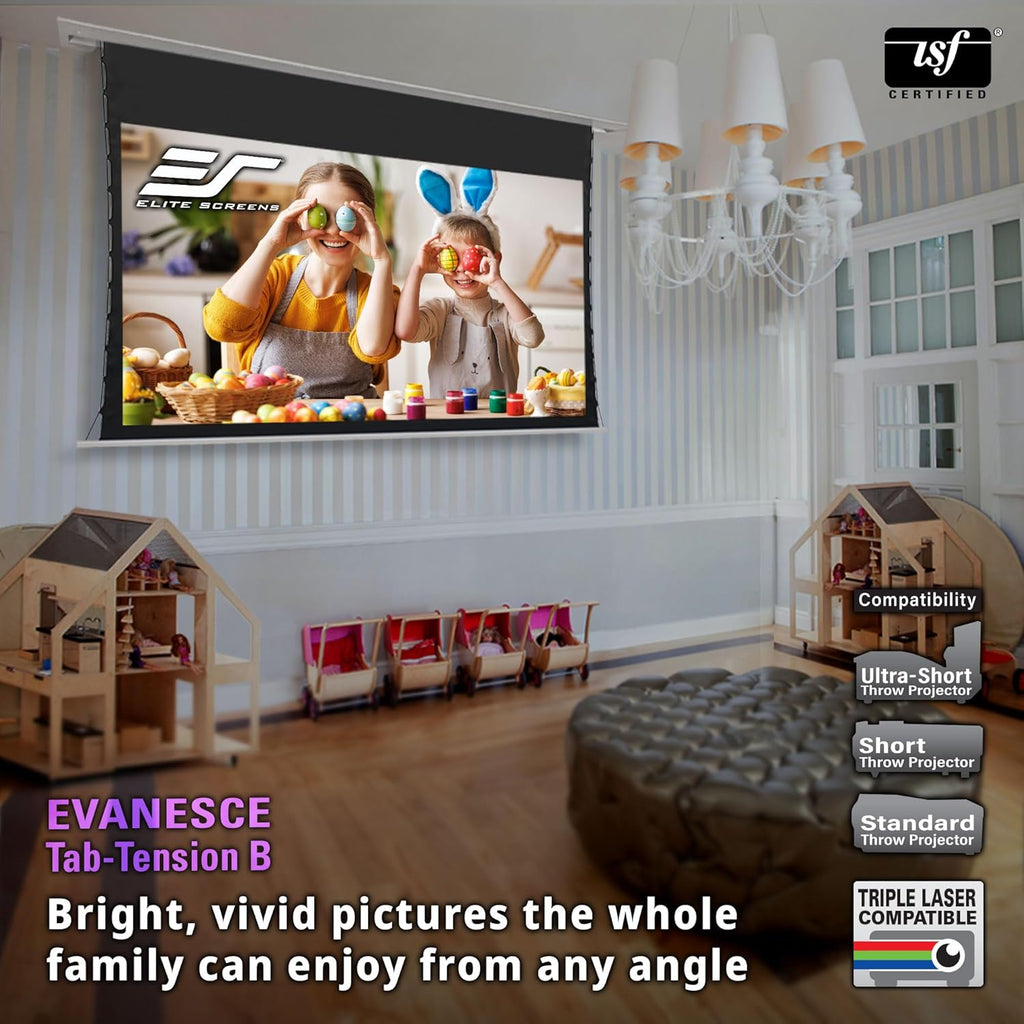 Elite Screens Evanesce Tab-Tension B, 92-inch 16:9, 4K / 8K HD, Recessed in-Ceiling Electric Tab Tensioned Projector Screen, Matte White Projection Screen Surface Programmed Remote Kit, ETB92HW3-E12