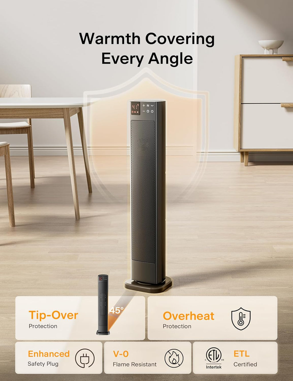 PELONIS 30” Ceramic Tower Space Heater with Adjustable Thermostat for Large Room, 75° Oscillation, Remote Control & 12H Timer, Tip-Over Switch & Overheating Protection, 1500W, PHF15RSAPH30, Black