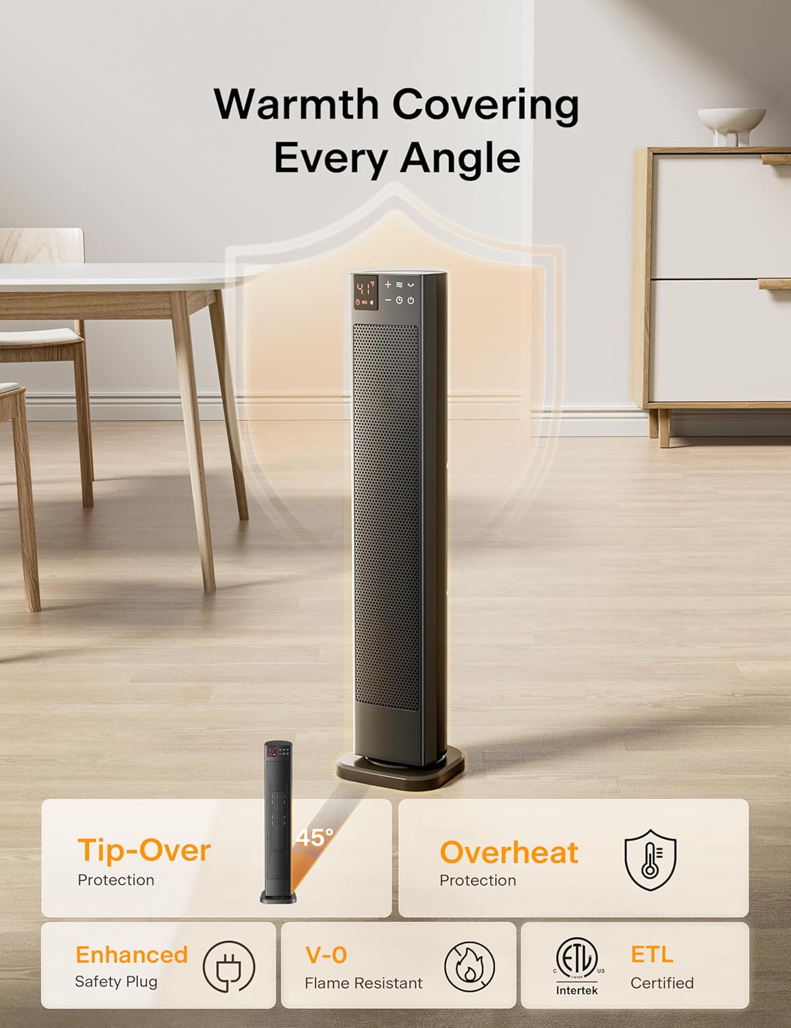 PELONIS 30” Ceramic Tower Space Heater with Adjustable Thermostat for Large Room, 75° Oscillation, Remote Control & 12H Timer, Tip-Over Switch & Overheating Protection, 1500W, PHF15RSAPH30, Black