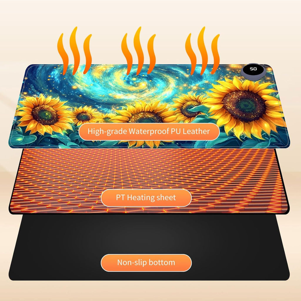 Heated Mouse Pad for Desk 31.5" x 13" – PU Leather Warm Desk Pad with 3 Heat Levels (104°F/113°F/122°F), Plug-in Electric Heating Mat with Auto Shut-Off, Waterproof & Rollable, Starry Sunflowers