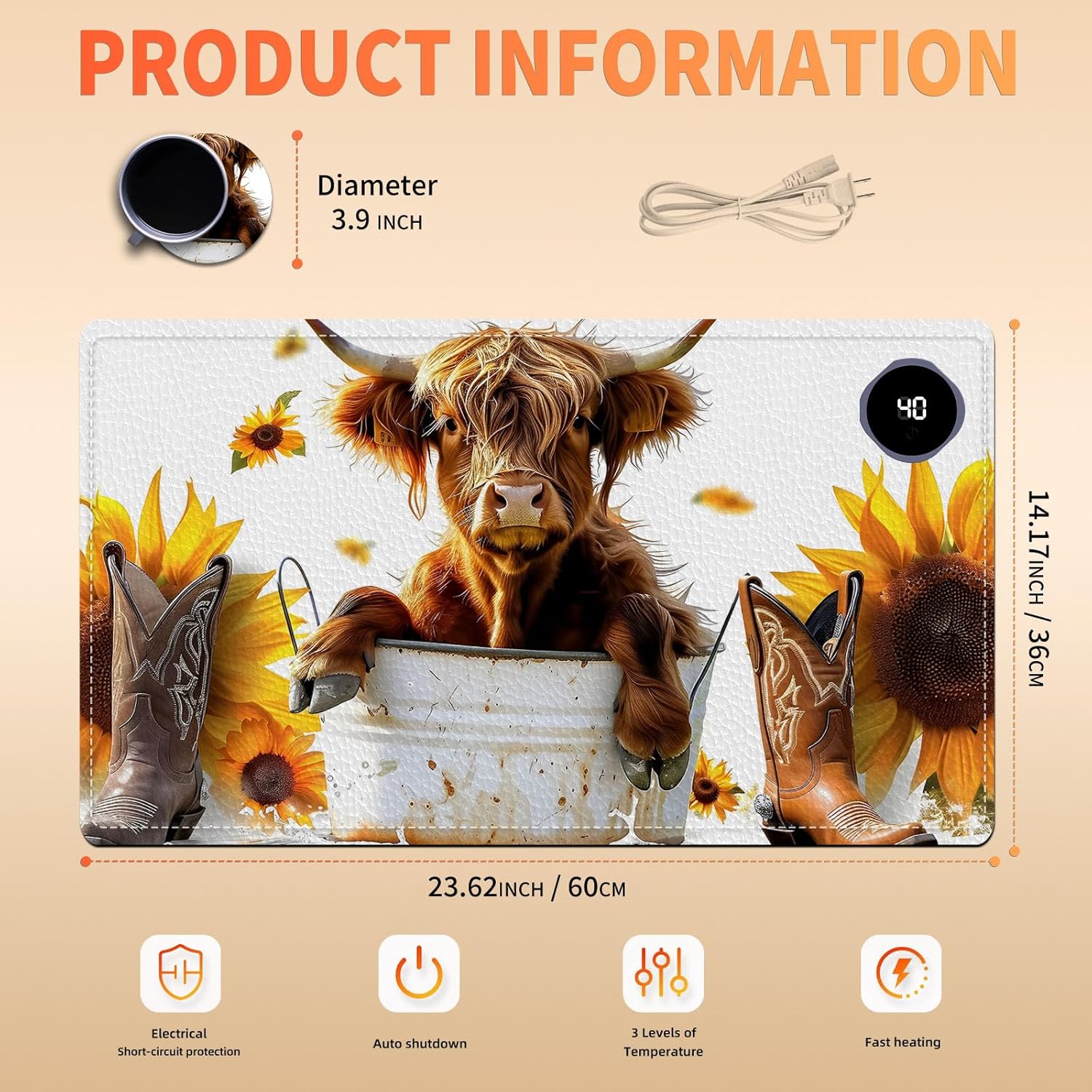 Heated Mouse Pad, Warm Desk Pad, Keyboard Mat 23.6 x 14 Inch Large Size Intelligent Fast Heating, 3 Speed Adjustable, Timed Auto Power Off for Game Office Home, Sunflower Highland Cattle