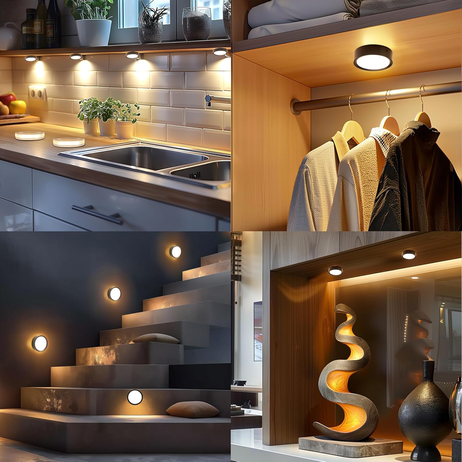 DAMI Under Cabinet Lighting with Remote Control, Rechargeable Battery Operated Wireless Shelf Light, Stick on Tap, Color Changing Magnetic Puck Lights for Kitchen, 2 Pack, Black