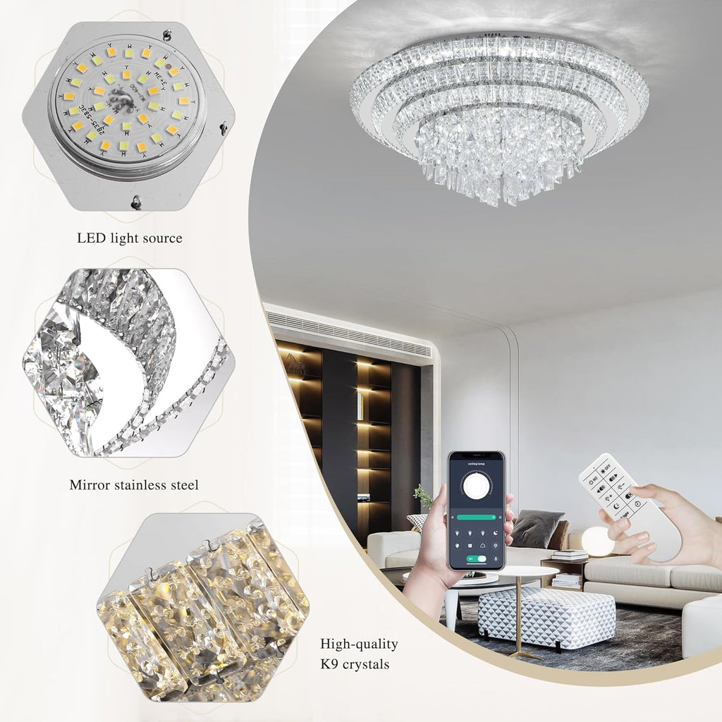COCOSTAR 30 inch Flush Mount Crystal Chandeliers with Remote and APP, Modern Elegant LED Crystal Raindrop Ceiling Light Fixture, 3CCT Dimmable, for Living Room Kitchen Island Bedroom Entryway Foyer