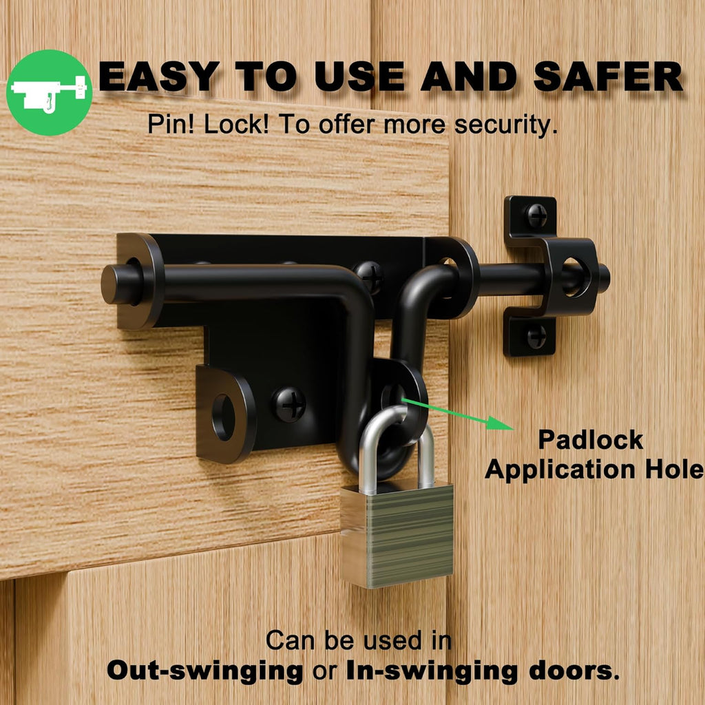 Heavy Duty Slide Bolt Gate Latch for Wooden Fence, 2 Way Barn Door Latch with Padlock Hole, Offset and Flush Mounted Gate Latch for Outdoor Gates/Yard Fence/Shed Door, Black, 3 Pack