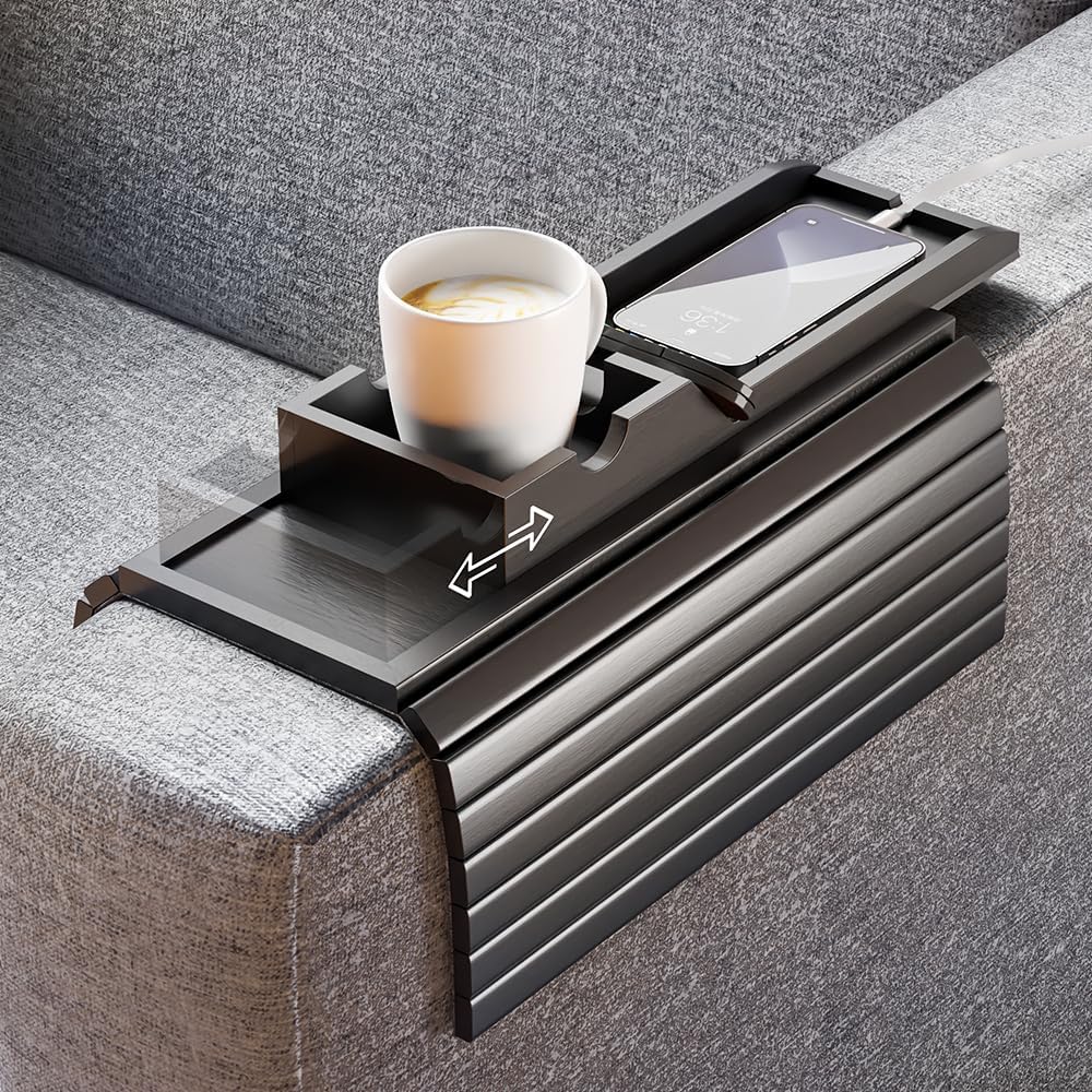 Bamboo Couch Armrest Table, Sofa Arm Tray with Detachable Couch Cup Holder- 2 in 1 Anti-Slip Foldable Sofa Armchair Caddy Table for Drinks Cellphone TV Remote Snacks (Black)