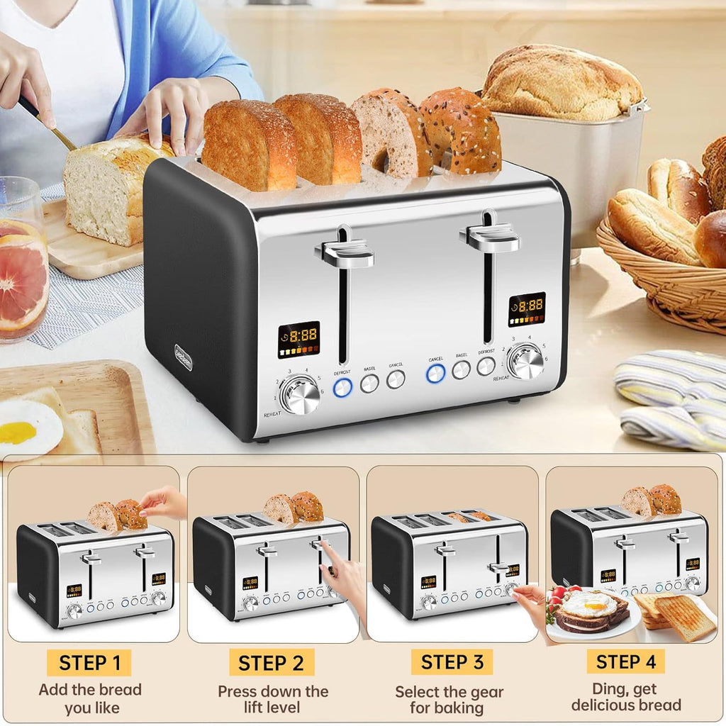 SEEDEEM 4 Slice Stainless Toaster - Color LCD Display, 7 Shade Settings, 1.5'' Wide Slots, Bagel/Defrost/Reheat Functions, Removable Crumb Tray, Dark Chocolate, 1800W
