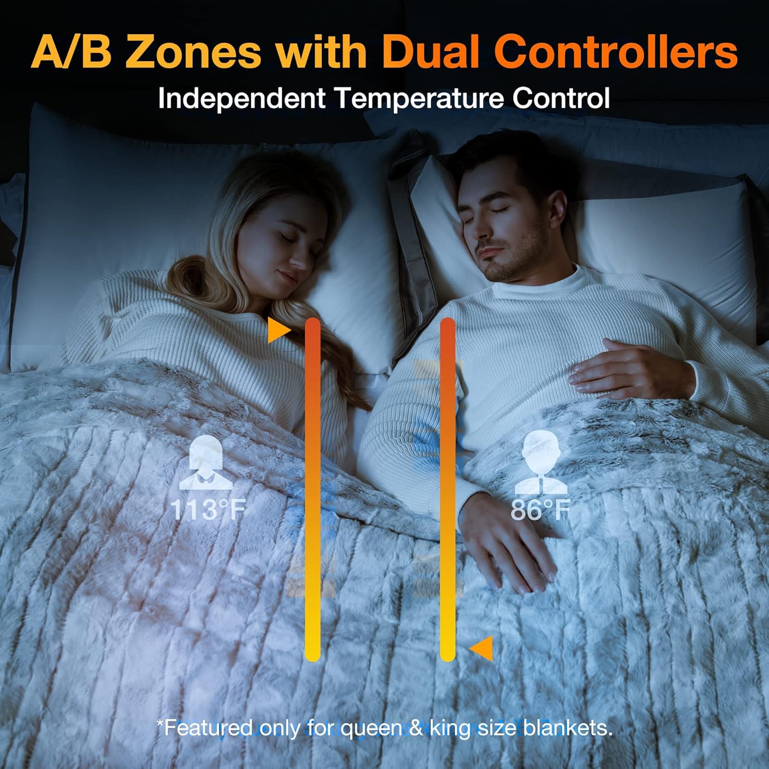 WOOMER Heated Blanket Queen Size 84" x 90", Electric Blanket with Dual Controllers, 0.5-12 Hours Timer & 10 Heating Levels, ETL Certified, Marble Blue Double-Sided Faux Fur, Machine Washable