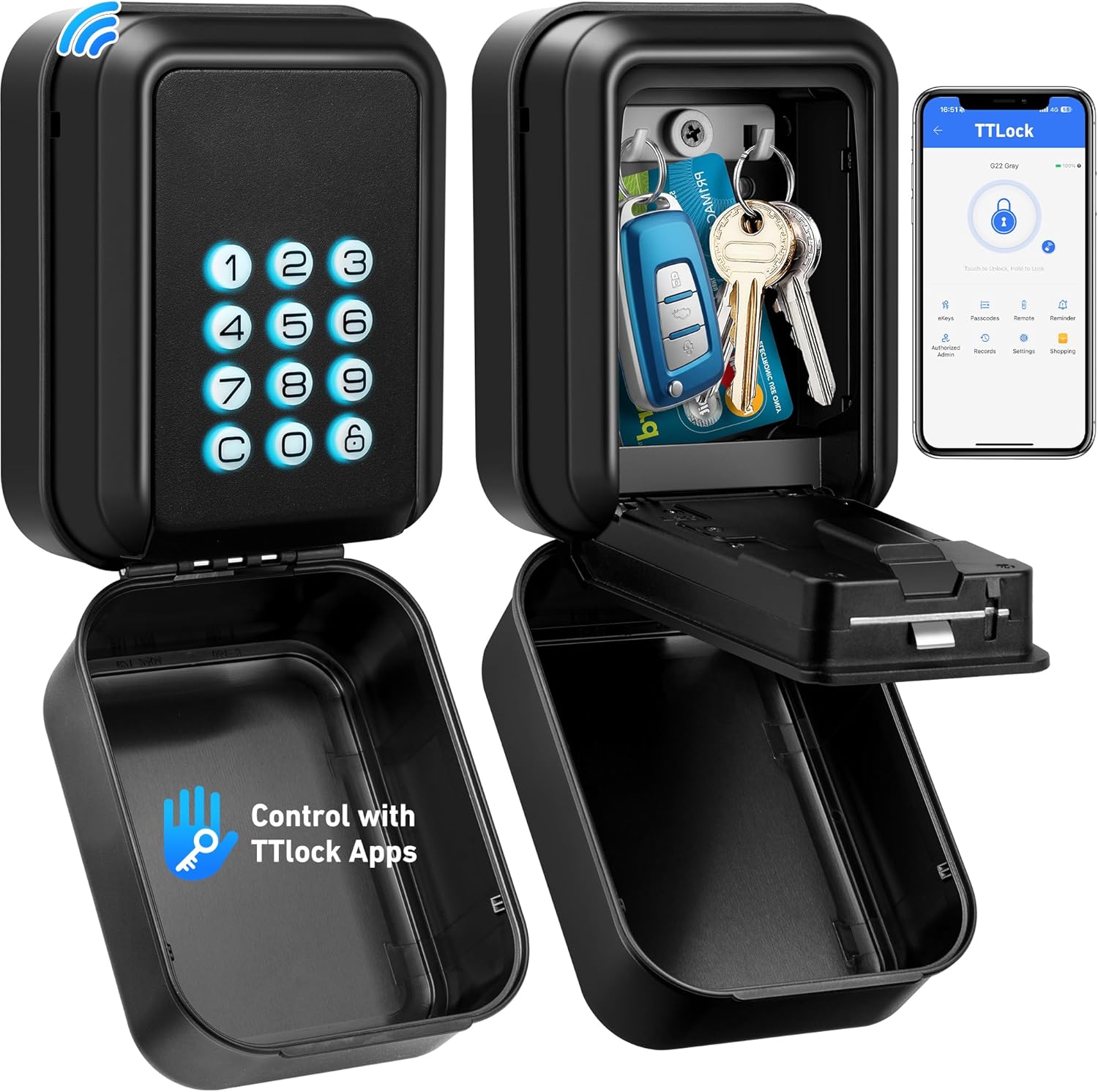 HUANLANG Smart Key Lock Box - Bluetooth Electronic Lock Box for Keys, Wall Mount Digital Key Storage with App Control & PIN Code Types, IP65 Waterproof lockbox for Home, Airbnb, Realtor and Office