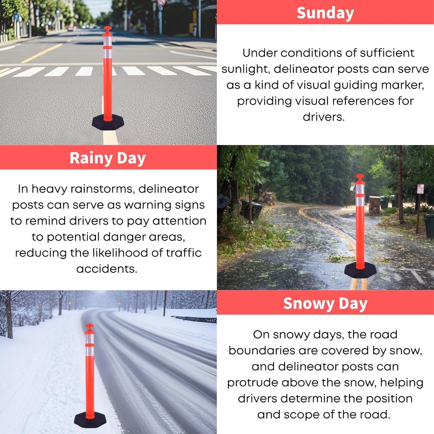 Reflective Rubber Base Traffic Delineator Post - Heavy-Duty Safety Bollards for Parking Lot Markers, Road Construction, Driveway Warning - with Reflective Strips (3 Pack - 45 Inch)