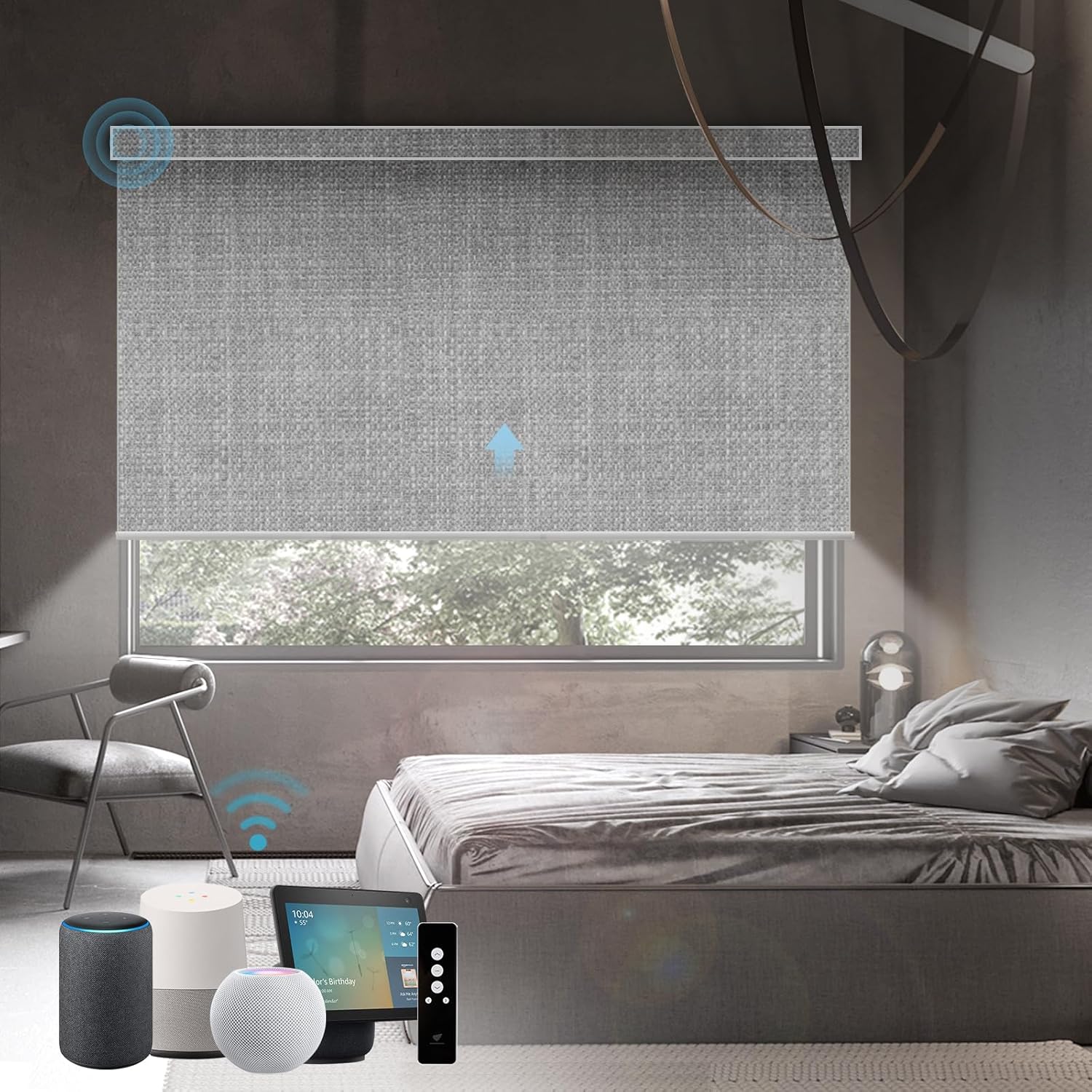 SmartWings Motorized Roller Shades Work with Homekit, 100% Blackout Smart Blinds for Windows, Cordless Remote Control Window Shades, Vigor Pale Grey, Customized Size