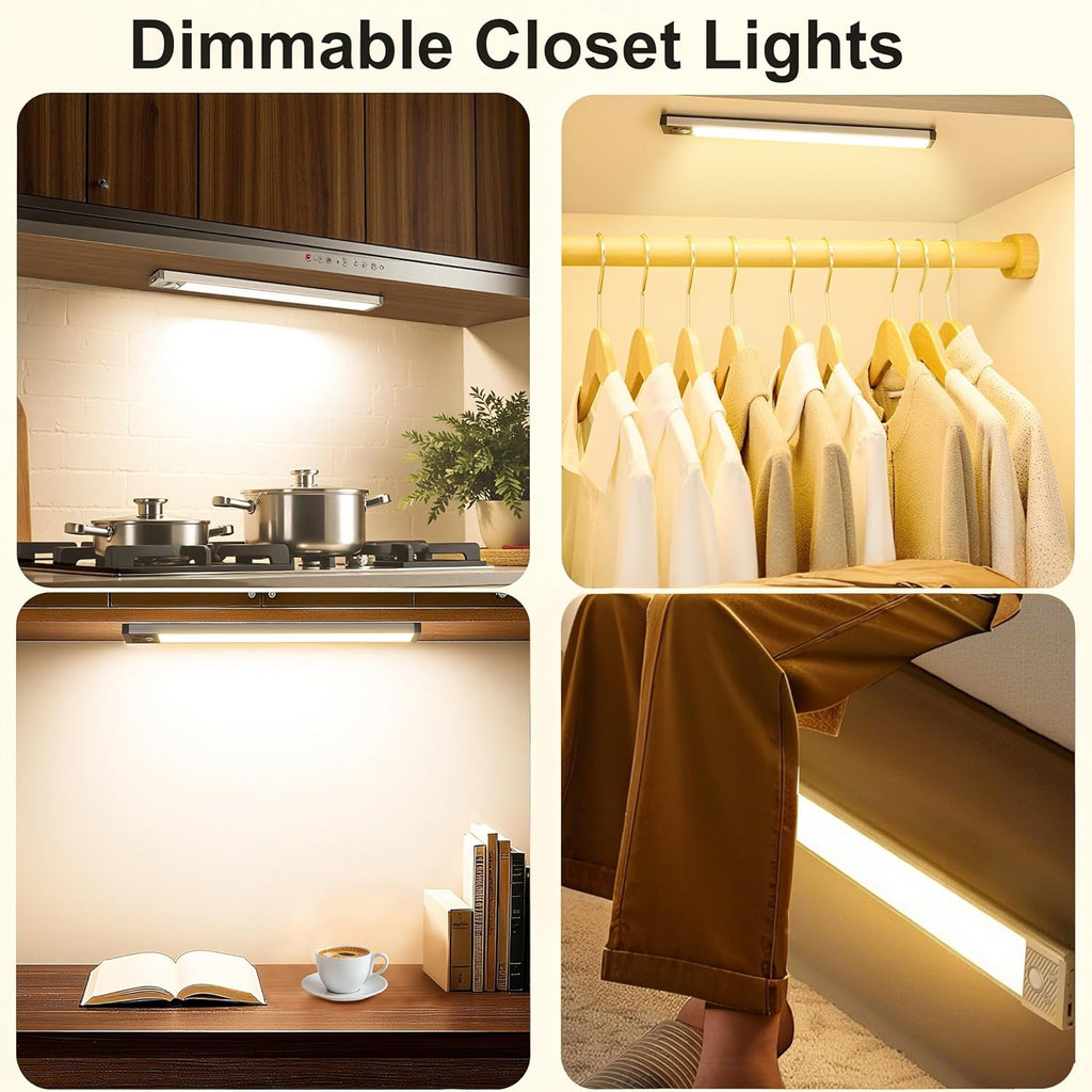 Under Cabinet Lighting, 3 Color Under Cabinet Lights Motion Sensor, 3200mAh Rechargeable 118LED Magnetic Light Bar Indoor, Wireless Battery Operated Closet Lights for Kitchen Home Stairs, 2Pack