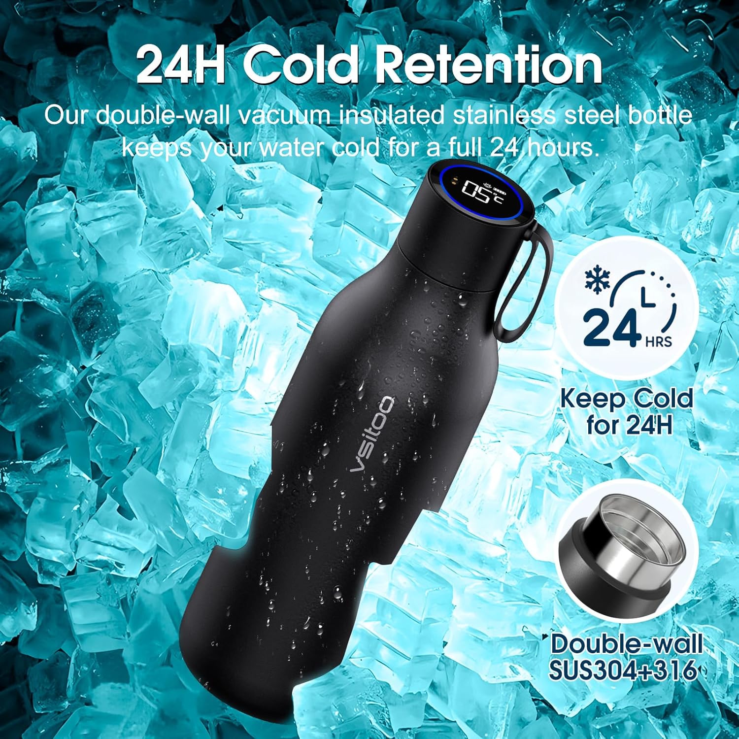 VSITOO 33oz Smart Self Cleaning Water Bottle，Insulated Water Bottle with Stainless Steel, BPA-Free, AI Self-Clean, 30-Day Battery, Magnetic Charging for Travel, Gym or Office, Black