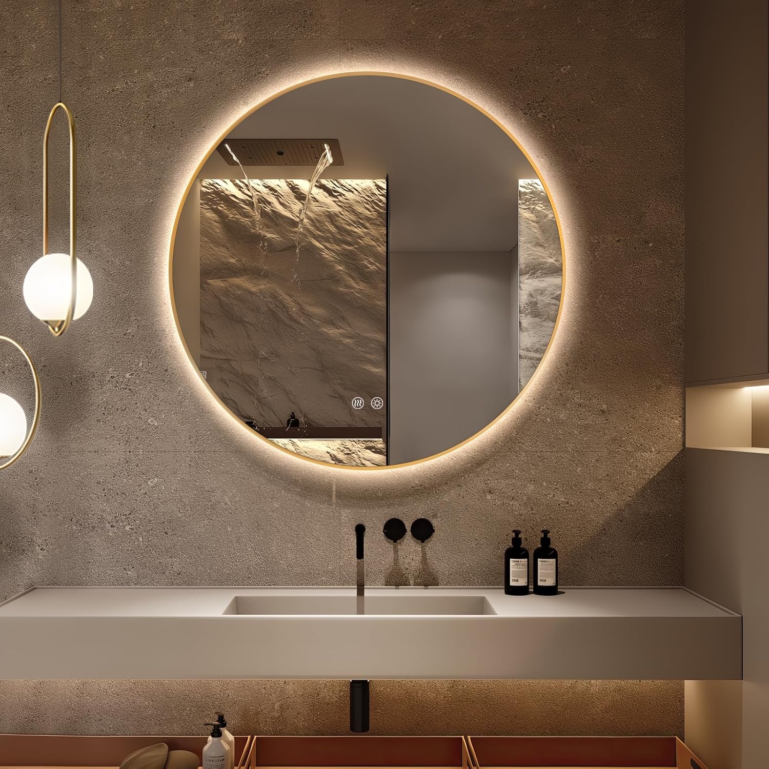 Niccy Round Led Mirror for Bathroom, 36" Backlit Mirror for Wall Circle Lighted Mirror with Gold Frame Anti-Fog, 3 Colors, HD Glass and IP65 Waterproof