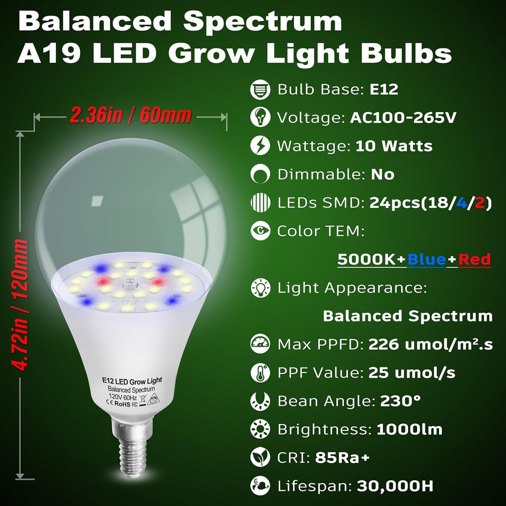 E12 Candelabra Grow Light Bulbs for Indoor Plants Full Spectrum,Small Base Grow LED Lamp Bulb 10W with Balanced Spectrum 5000K Red Blue for Seeds Greens Laboratory,School,Greenhouse, Hydroponic,3Pack