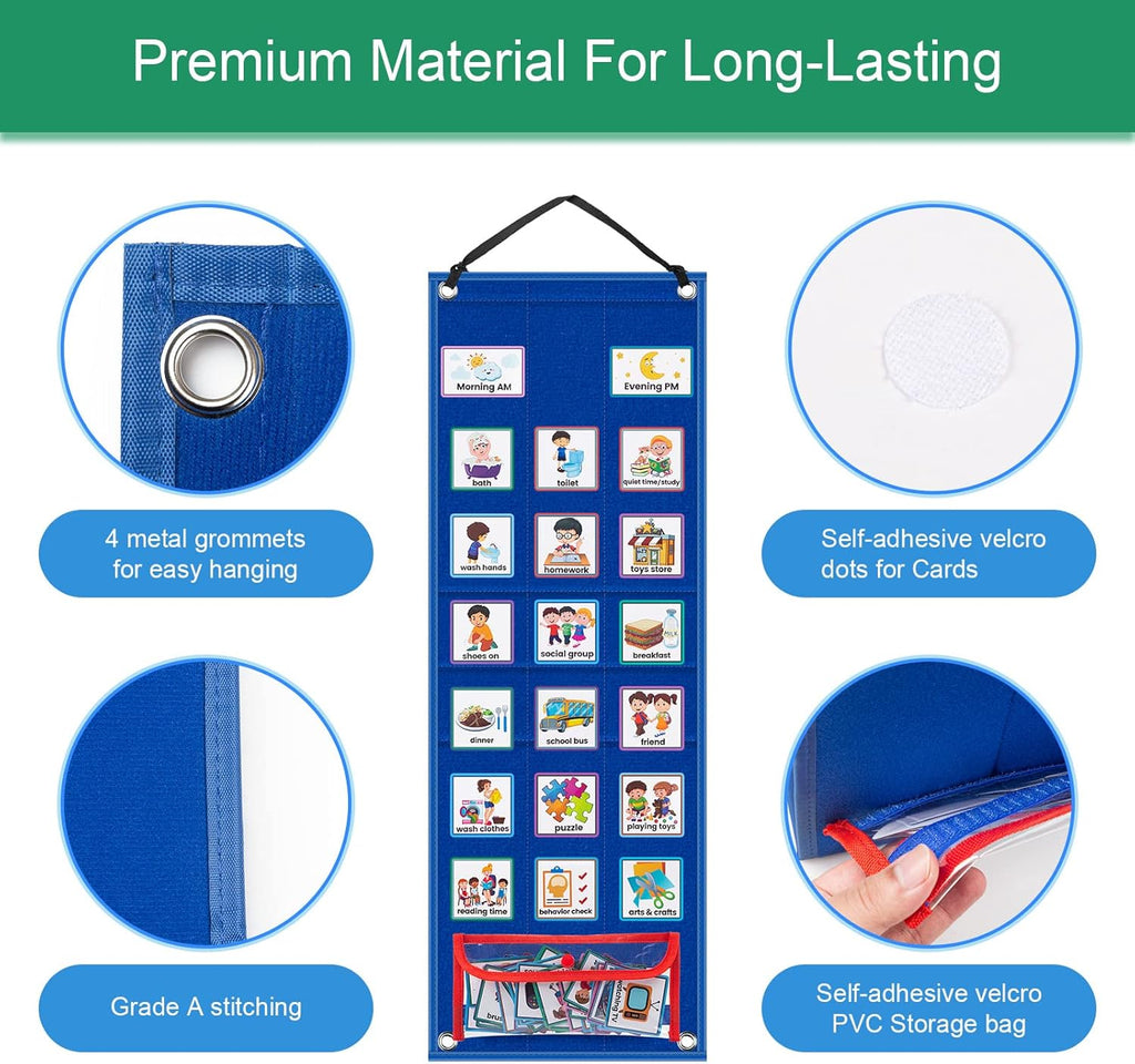 KIKIGOAL Kids Visual Schedule Calendar Chart, 2 in 1 Autism Daily Chore Routine Chart with 70 Cards Autism Learning Materials Kids Visual Behavioral Tool Wall Planner for Home School (Blue)