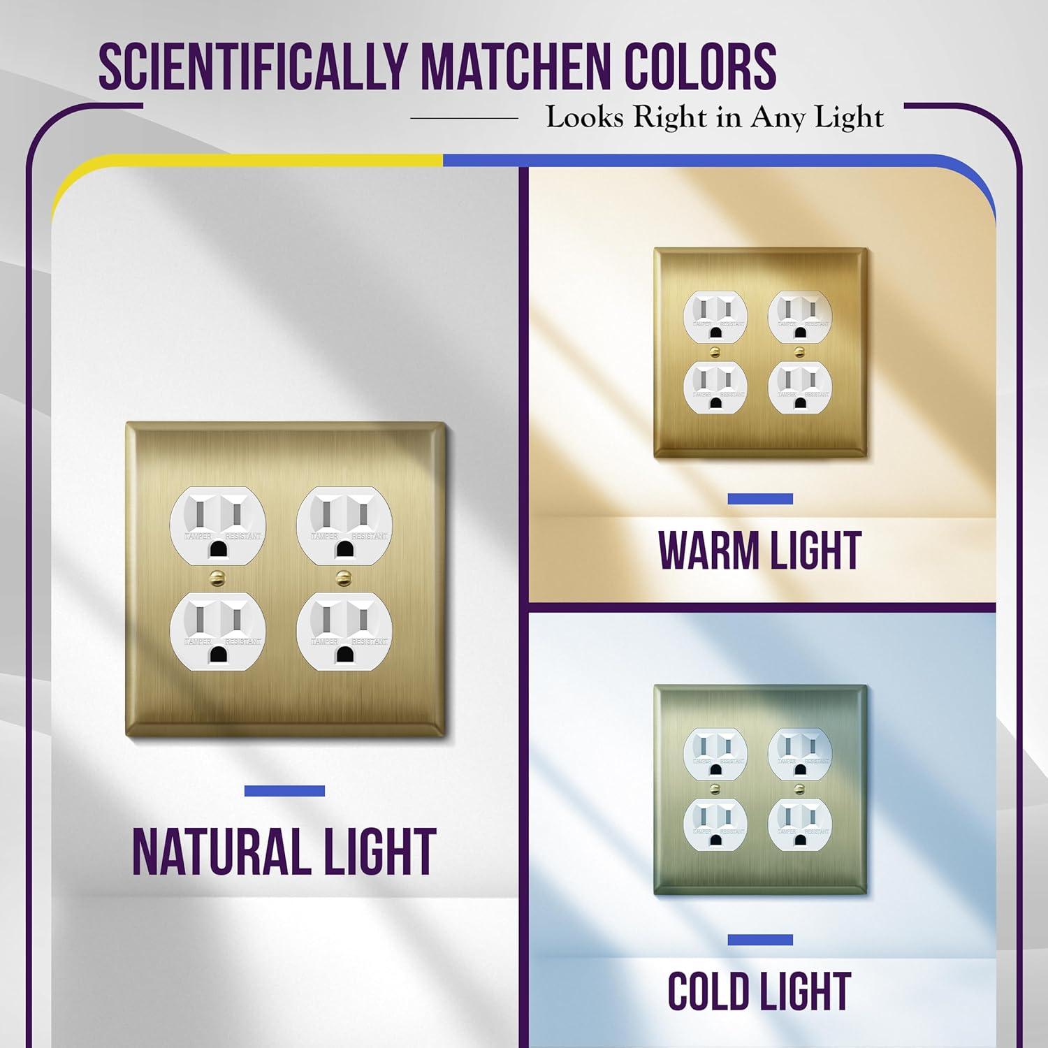 ENERLITES Double Duplex Receptacle Metal Wall Plate, Stainless Steel Outlet Cover, Corrosion Resistant, Size 2-Gang 4.50" x 4.57", Stainless Steel 201, 7722-BB, Brushed Brass, Gold