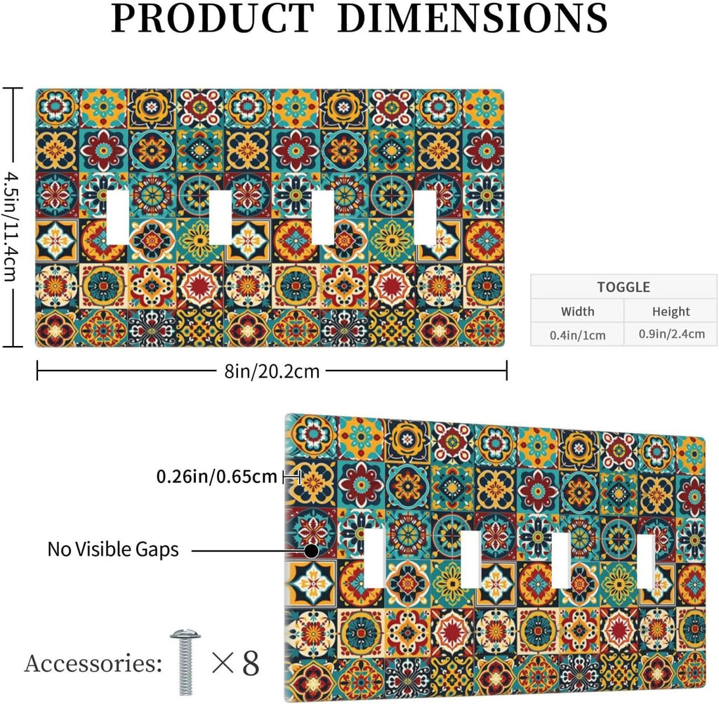 Light Switch Covers Mexican Talavera Colorful Mosaic Tiles Quad Toggle Electrical Faceplate 4 Gang Wall Plate Decorative Switch Plates For Bathroom Kitchen Decor
