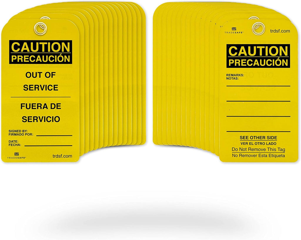 TRADESAFE Bilingual Out of Service Tags, Fuera de Servicio - 30 Yellow Caution Sign with 30 Cable Ties, Durable 32 mil Vinyl, Caution Tags for Equipment Repair or Service, Accident Prevention