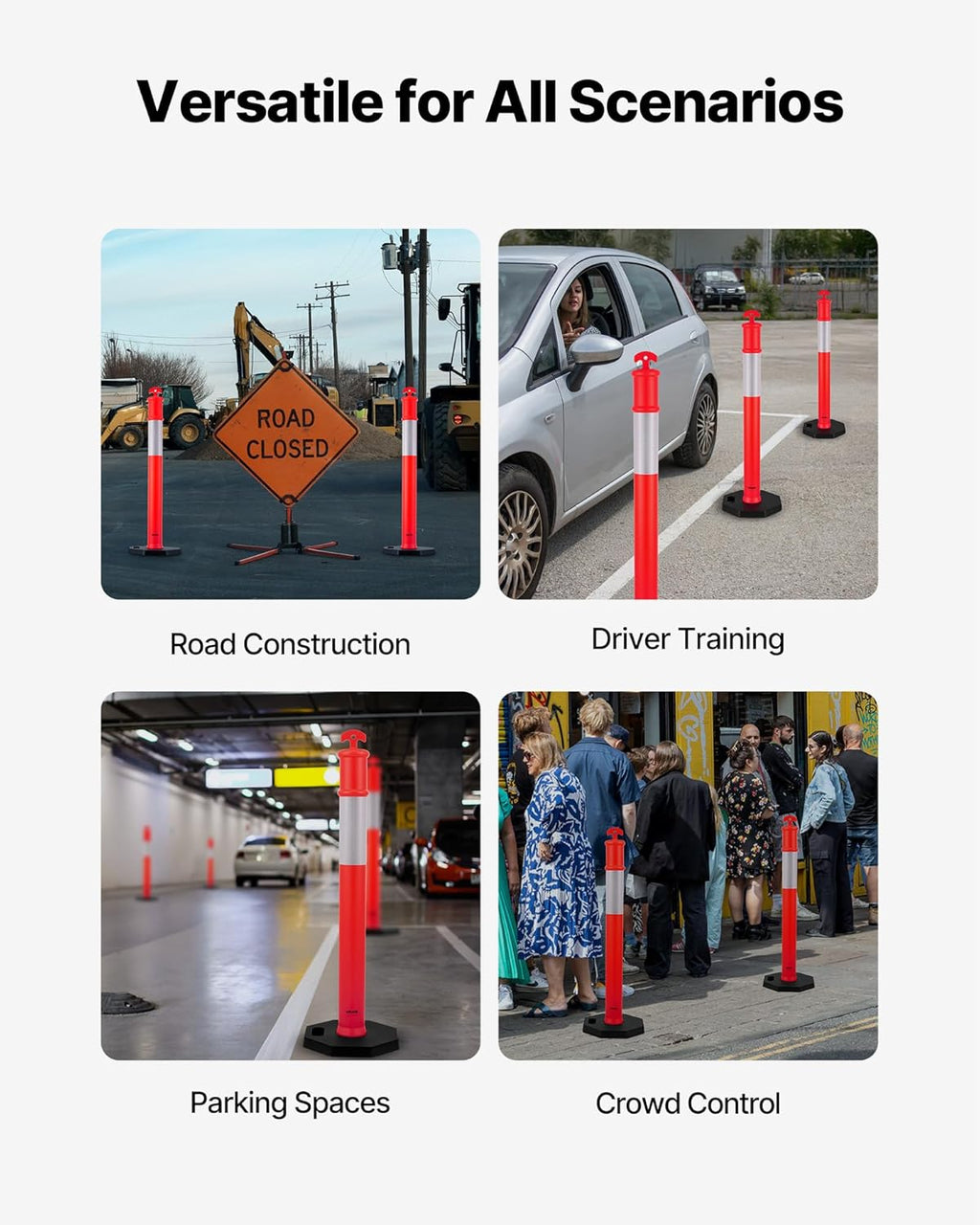 VEVOR 12 Pack Traffic Delineator Posts, 48 inches Traffic Safety Cones with Weighted Base and Reflective Strips, Heavy Duty Delineator Posts for Construction Site, Parking Lot, Crowd Control, Red
