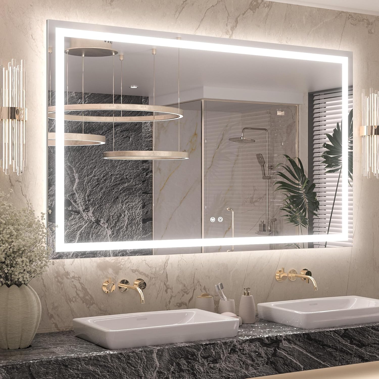 Keonjinn 55 ” x 36 ” Lighted Mirror for Bathroom Wall, LED Mirror with Frontlit & Backlit, Bathroom Mirror with Lights, Dimmable 3-Color Lights, HD Tempered Glass, UL-Listed LED Driver