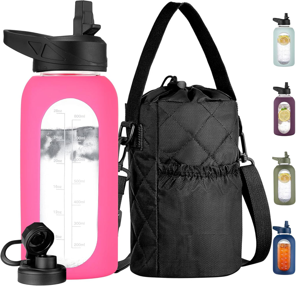 CIVAGO 32 oz Glass Water Bottle with Straw and Insulated Bottle Holder Sling, Motivational Water jug with Time Marker and Silicone Sleeve, Water Flask with 2 Lids for Walking and Gym Camelia