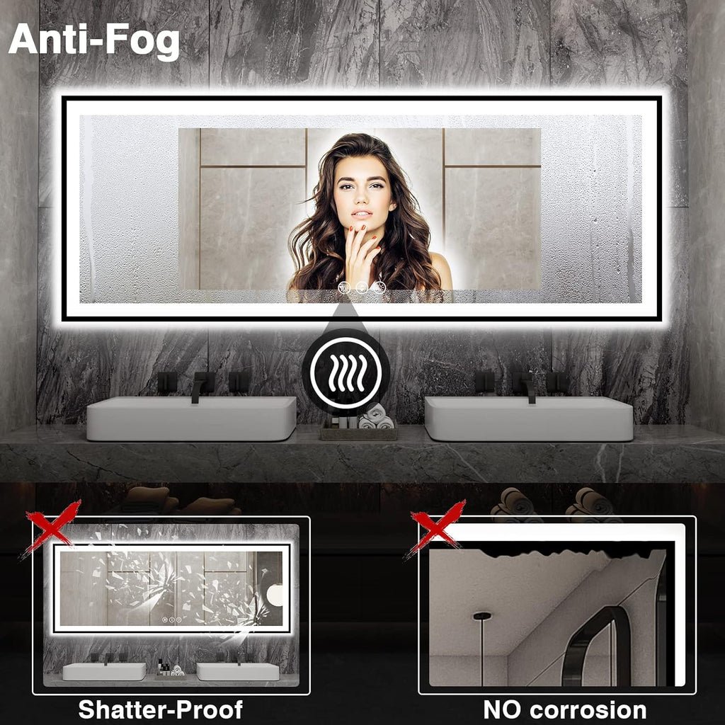 84x32 Large LED Bathroom Mirror - Black Aluminum Framed (Front and Backlit), Anti-Fog Stepless Dimmable 3 Colors Smart Lighted Vanity Mirror for Wall(Horizontal/Vertical)