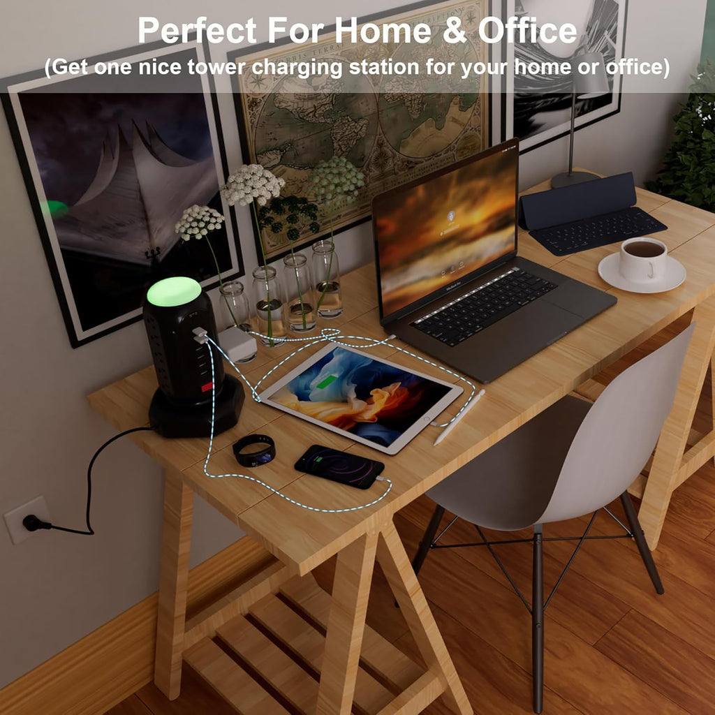 Power Strip Tower with Colorful Nightlight, 15 AC Outlets and 6 Fasting USB Ports, Retractable Extension Cord with Multiple Outlets, 900 J Surge Protector with Right Flat Plug (Black)