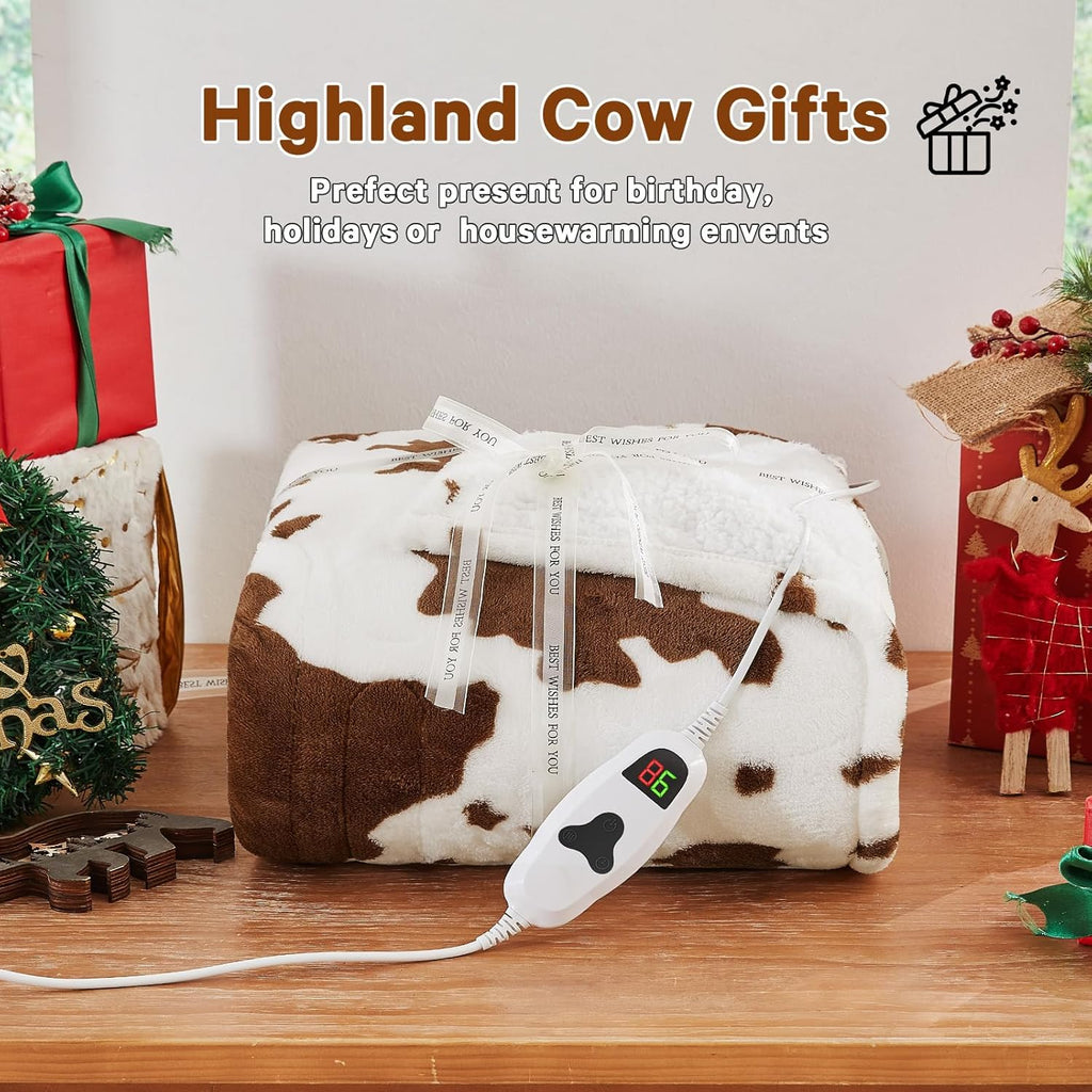 Cow Print Heated Electric Blanket Full Size,72X84 Brown Heating Blanket with 10 Heats Levels & 8 Hours Auto Off,Highland Cow Decor Fleece Sherpa Blankets Warmer Gifts for Women Adults,Washable