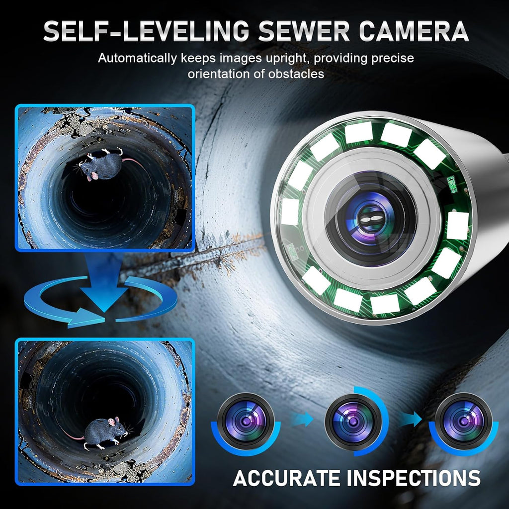 Sewer Camera, Self Leveling Drain Camera 100ft with Meter Counter, 9" HD Plumbing Cameras Snake with 12 LED Lights, 5100mAh Battery, IP68 & 32GB DVR Recorder, Duct Sewer Line Pipe Inspection