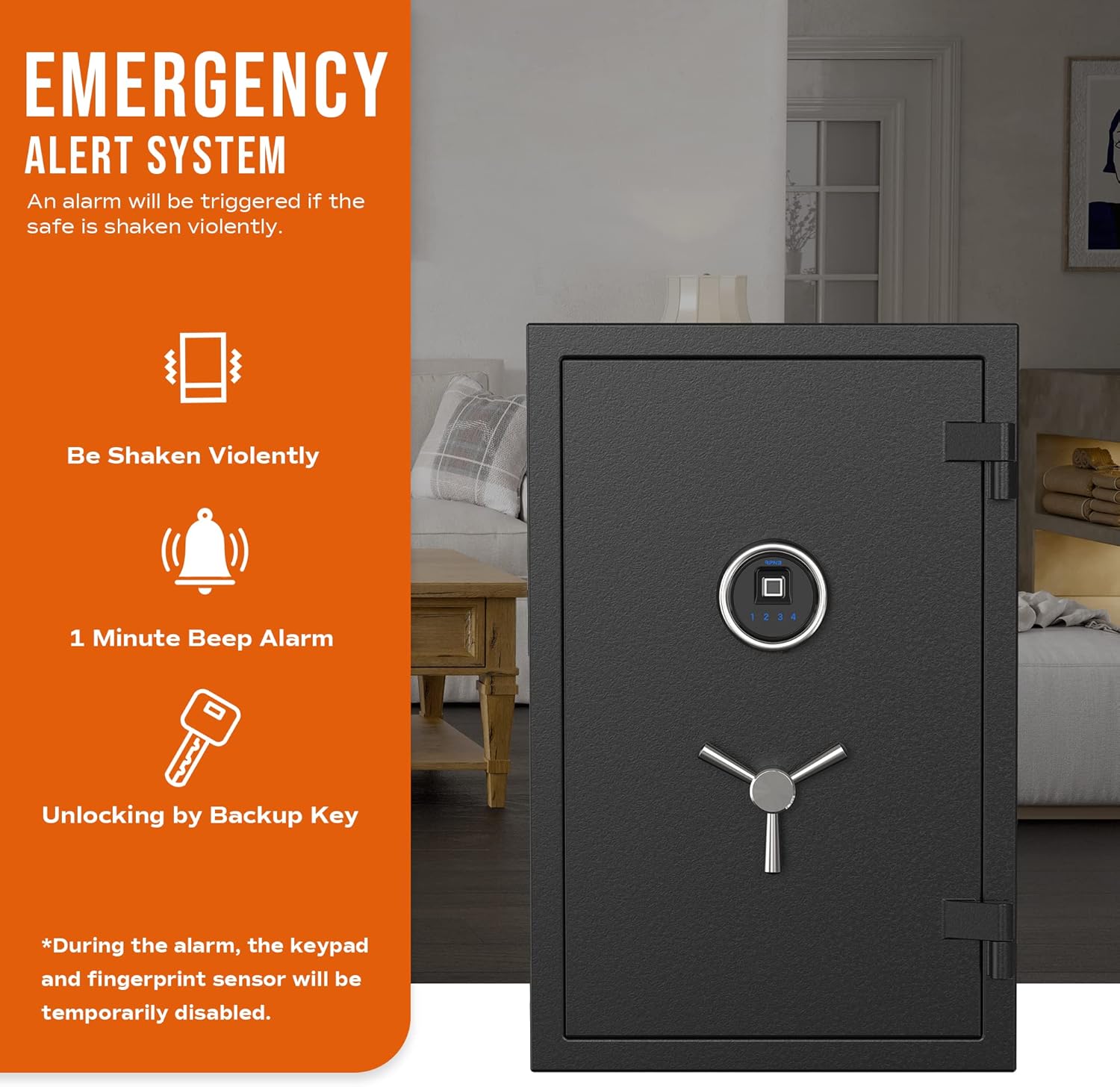 RPNB Biometric Fingerprint Fireproof Safe Box,Digital Fire Proof Safe with 3 Spoke Handle,Touch Screen and Removable Shelf,Fireproof Home Safes for Money Documents Jewelry and More,2.12 Cubic Feet