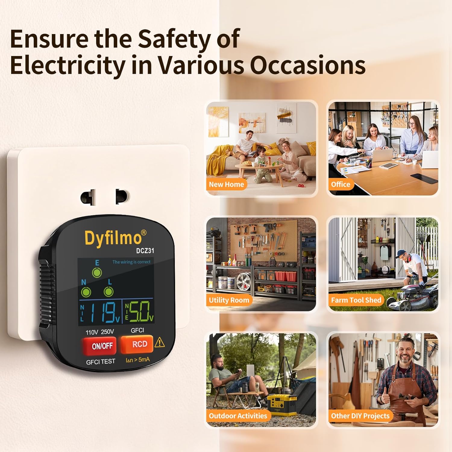 GFCI Outlet Tester with LCD Display,3-Prong Outlet Tester Plug in,Voltage Socket Checker,Electrical Diagnostic Tool for 110V-250V AC Home Outlets