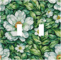 Vintage Floral White Flowers Green Plants Leaves Decorative Switch Plates 2 Gang Double Toggle Outlet Light Switch Cover Wall Plate Electrical Faceplate for Bedroom Bathroom Decor