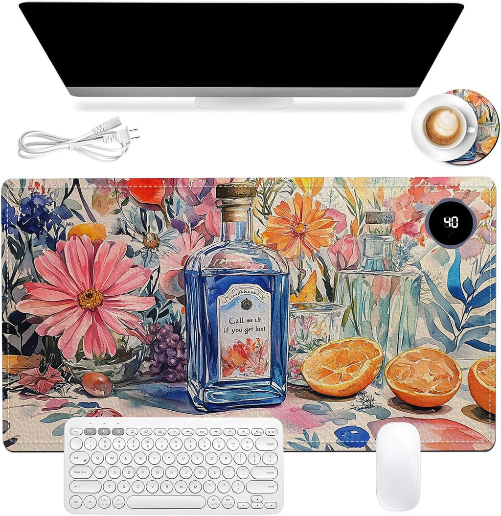 Heated Mouse Pad 23.6 x 14 in 3-Temp Fast Heating Desk Mat with Auto Timer Warmer for Hands Wrist Pain Relief Waterproof Keyboard Mat for Office, Gaming, Home, Floral Kitchen