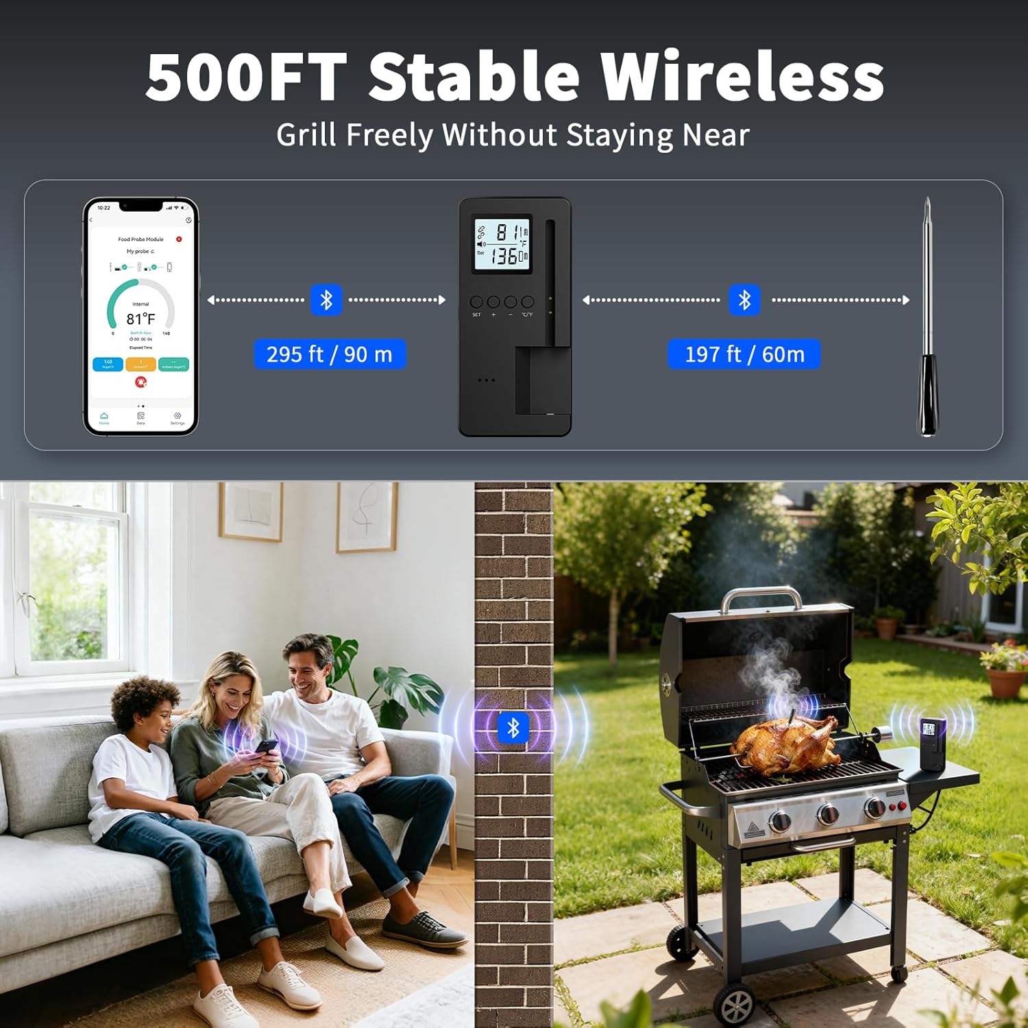 Smart Bluetooth Wireless Meat Thermometer, Standalone Display Base, Digital Meat Thermometer with App Control, 500FT Wireless Range for BBQ, Grill, Oven, Smoker, Air Fryer Needs