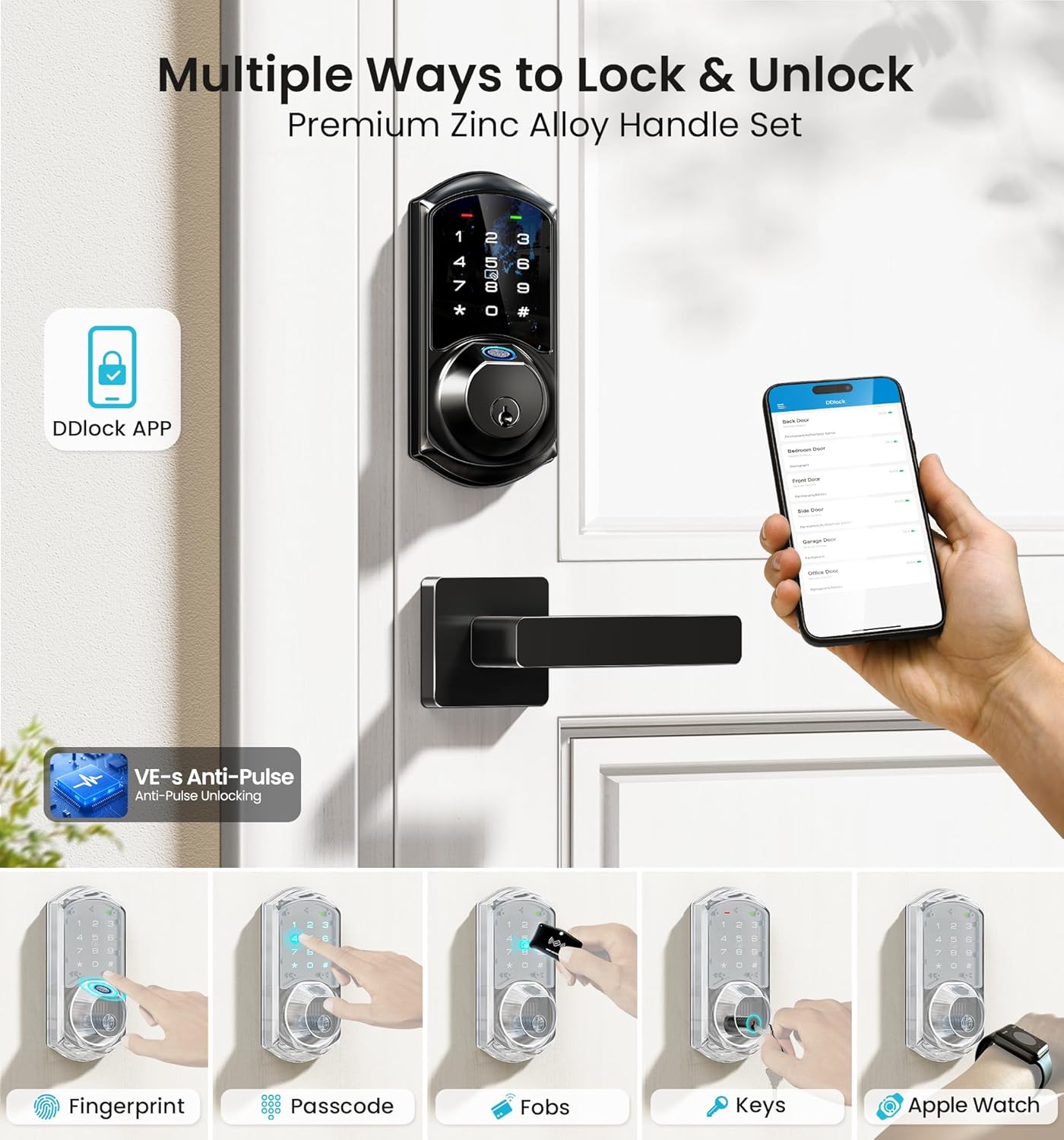 Veise VE07-L Fingerprint Smart Locks for Front Door with Zinc Alloy Handle Set, App Control, Keyless Entry, Electronic Digital Keypad Deadbolt, Auto Lock, Waterproof, Easy to Install, Matte Black