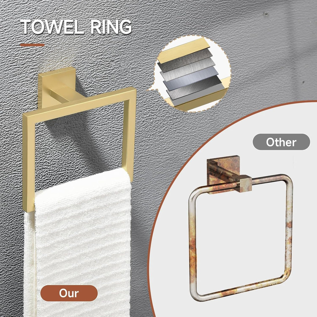 TQKAG 5-Piece Bathroom Accessories Set Brushed Gold Bathroom Hardware Set SUS304 Stainless Steel Classic Wall Mounted Towel Bar Sets 23.6" Towel Rack for Bathroom, Brushed Gold