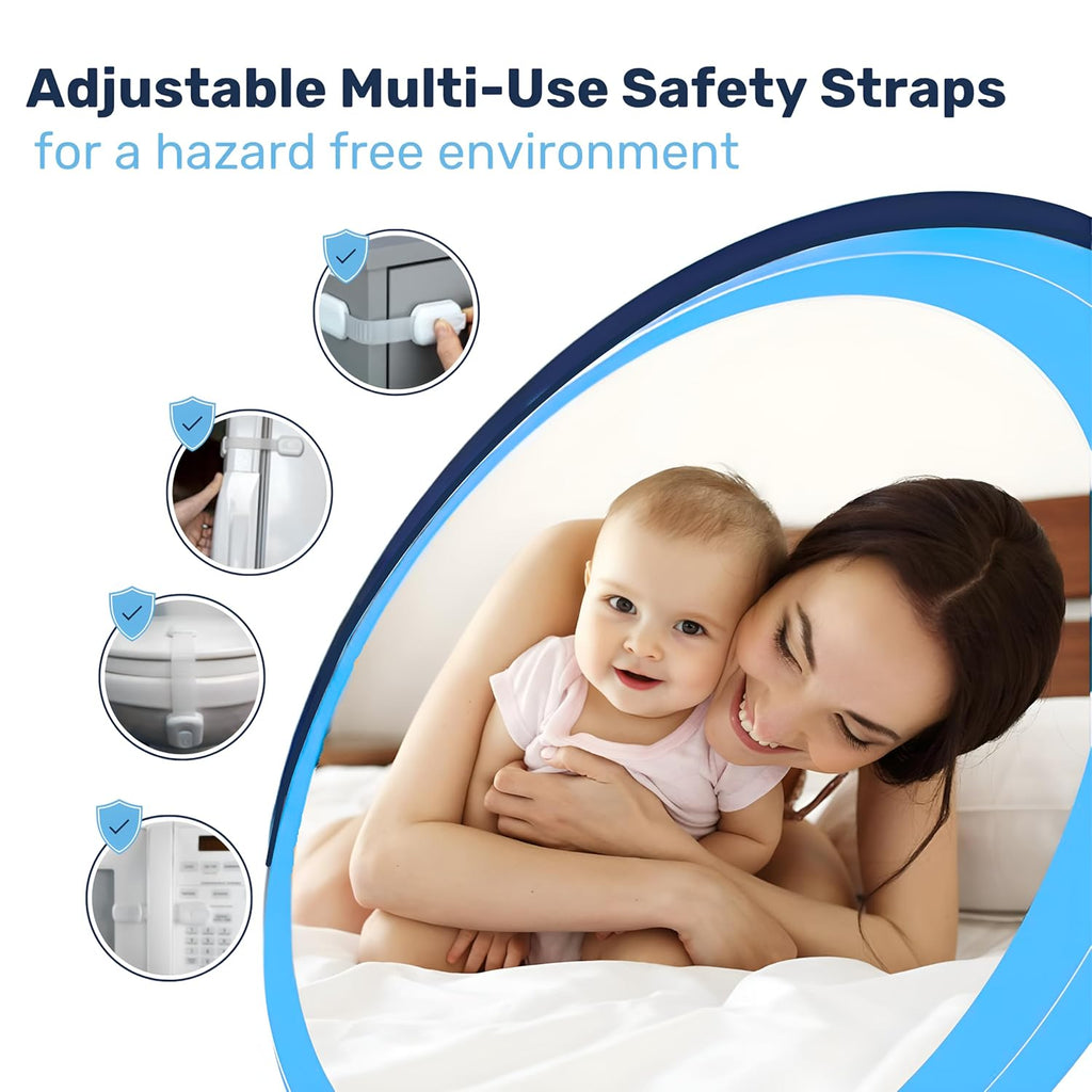 3M Adhesive Child Safety Strap Locks by Baby Proof Me, Baby Latches for Cabinets, Dishwashers, Fridges, Ovens and Trash Cans, Stain Free Toilet Lock (White, 24 Safety Latches)