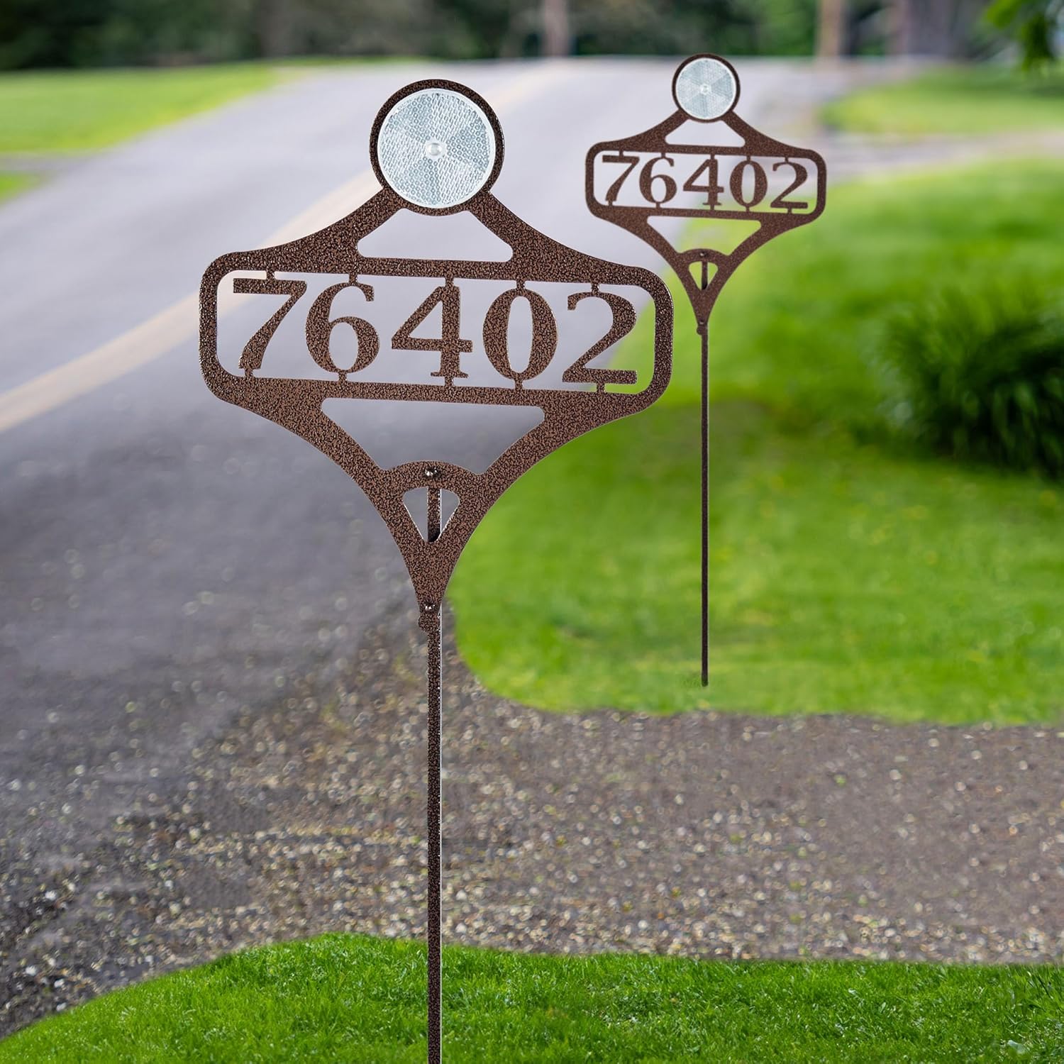 Touch of Class Pathways Custom Address Sign Reflective Driveway Marker Stake Set of Two | Personalized with 1-5 House Numbers or Name | Tall Reflector Set of 2 | Weathered Bronze Durable Finish