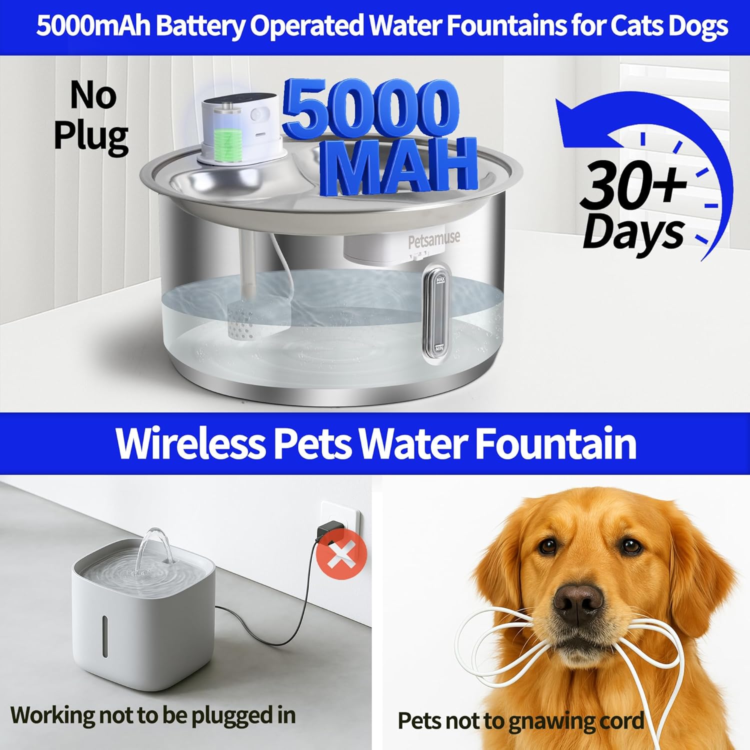 2.8Gal/11L Cordless Dog Water Fountain for Large Dogs, Petsamuse 5000mAh Battery Operated Stainless Steel Dog Fountain Water Bowl with 2 Quiet Pumps Wireless Pet Water Fountain with 15 Filters