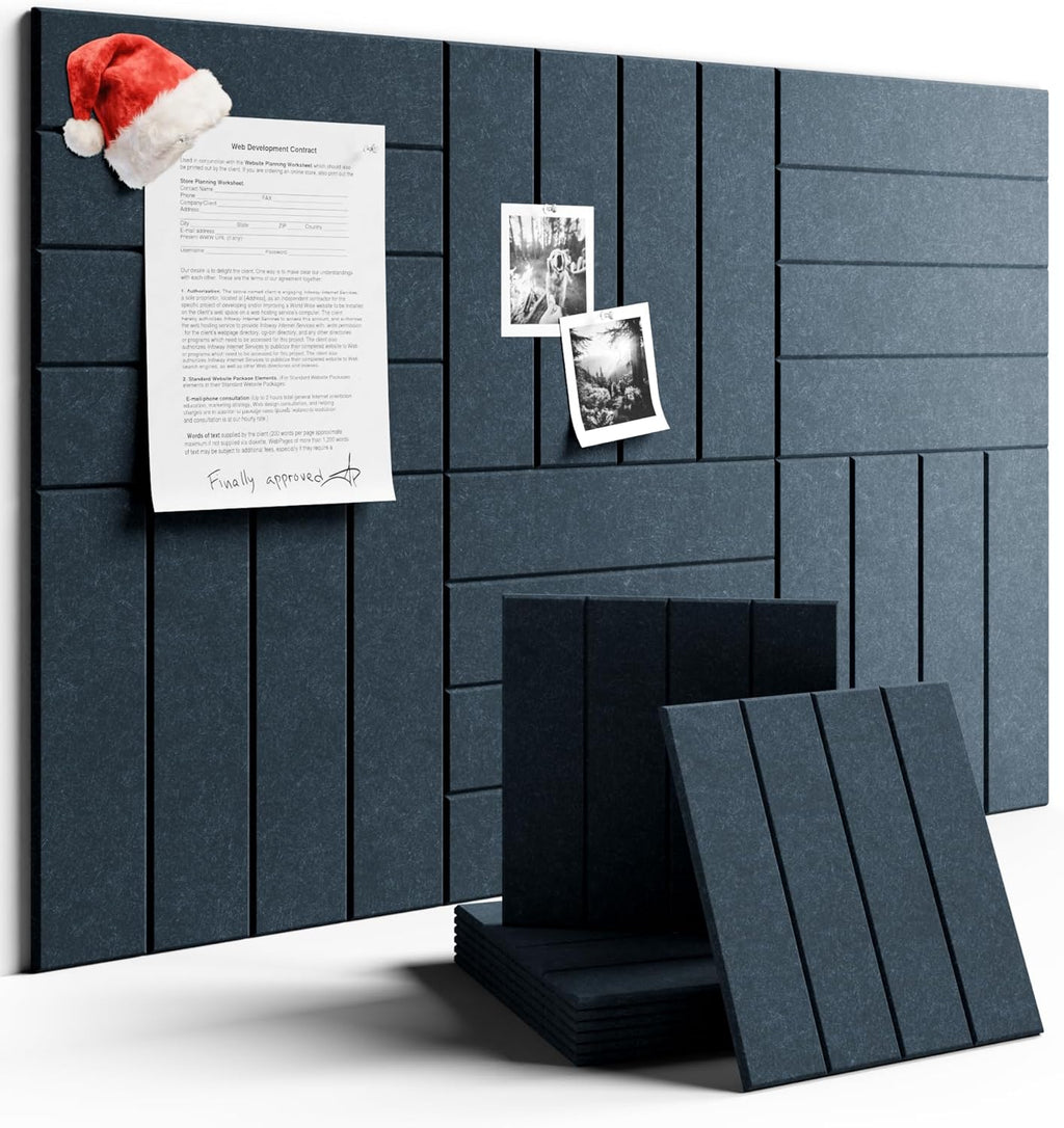 Felt Bulletin Board Tiles Large 36" x 24" Cork Board Alternative-6 Pack with 40 Adhesive Tabs, Slat Wall Panels for Office Decor, Push Pin Board Wall Organizer - Deep Charcoal Blue