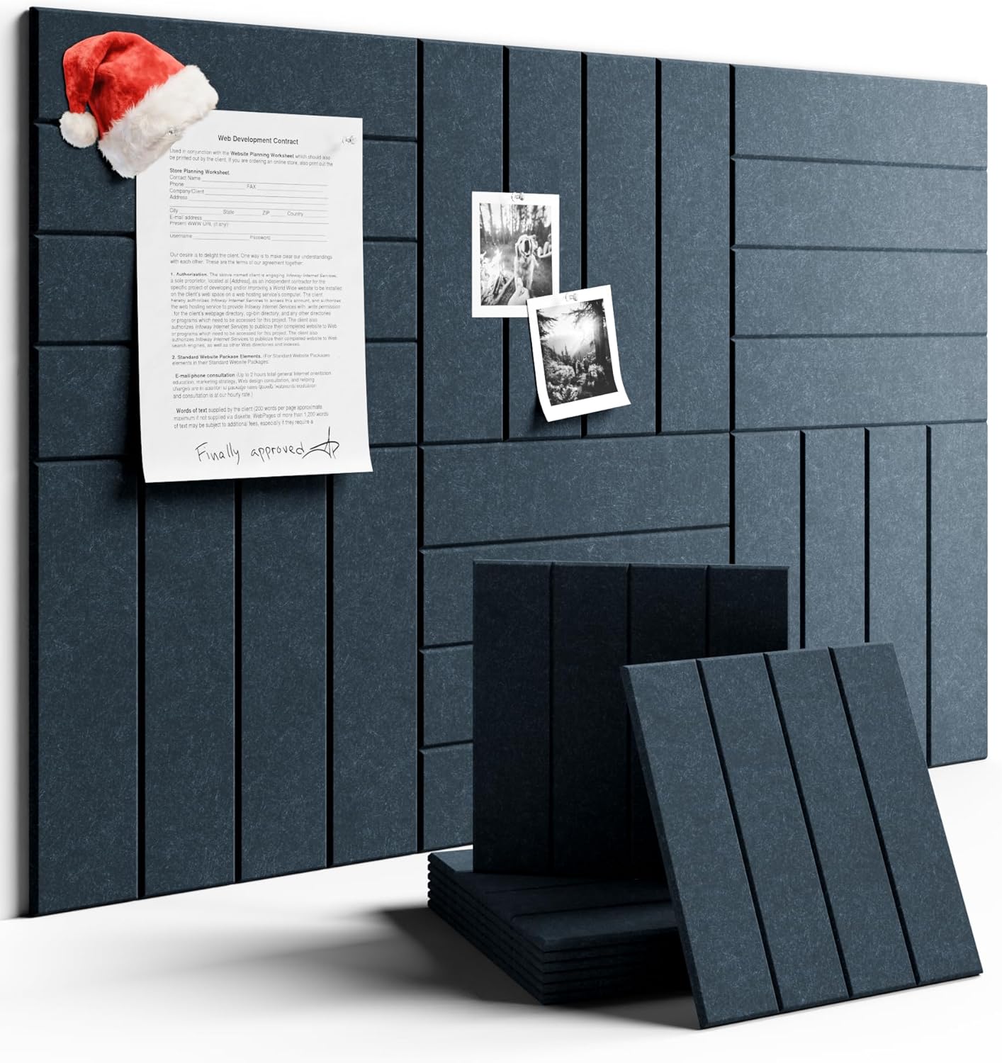 Felt Bulletin Board Tiles Large 36" x 24" Cork Board Alternative-6 Pack with 40 Adhesive Tabs, Slat Wall Panels for Office Decor, Push Pin Board Wall Organizer - Deep Charcoal Blue