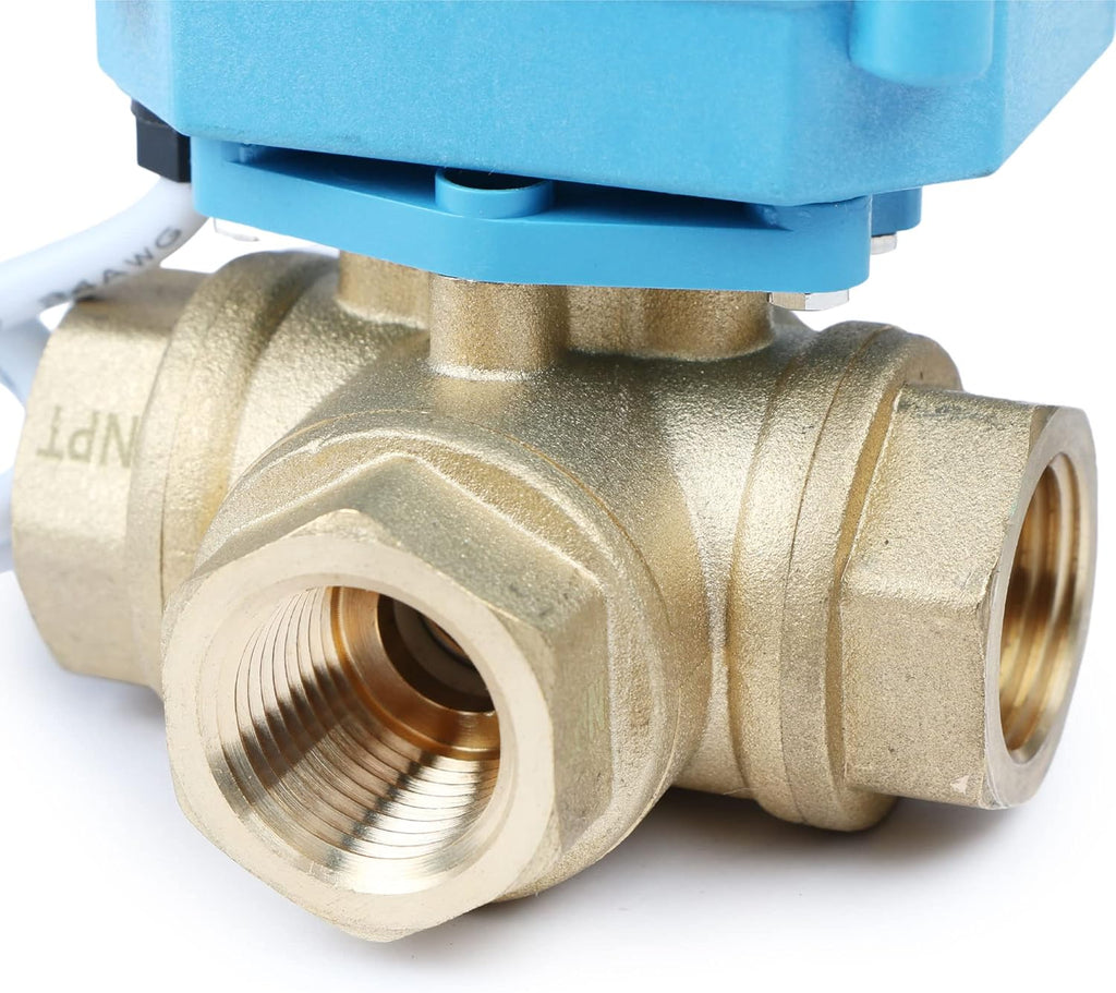 U.S. Solid 1/2" 3 Way Brass Motorized Ball Valve 110-230VAC, L Type Water Shutoff Valve with Manual Function, Standard Port, NOT for Drinking Water